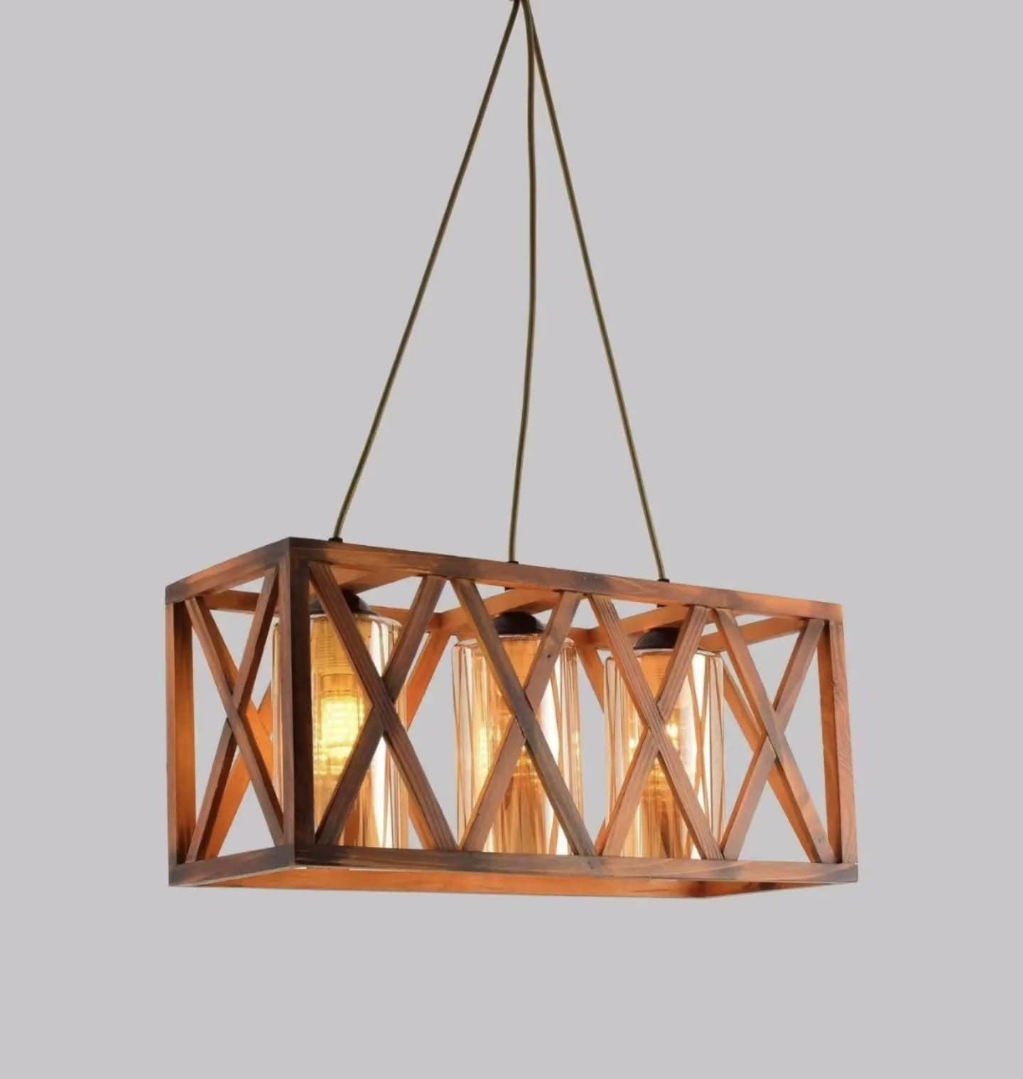 Industrial Wooden Cage Pendant Light with Glass Shades