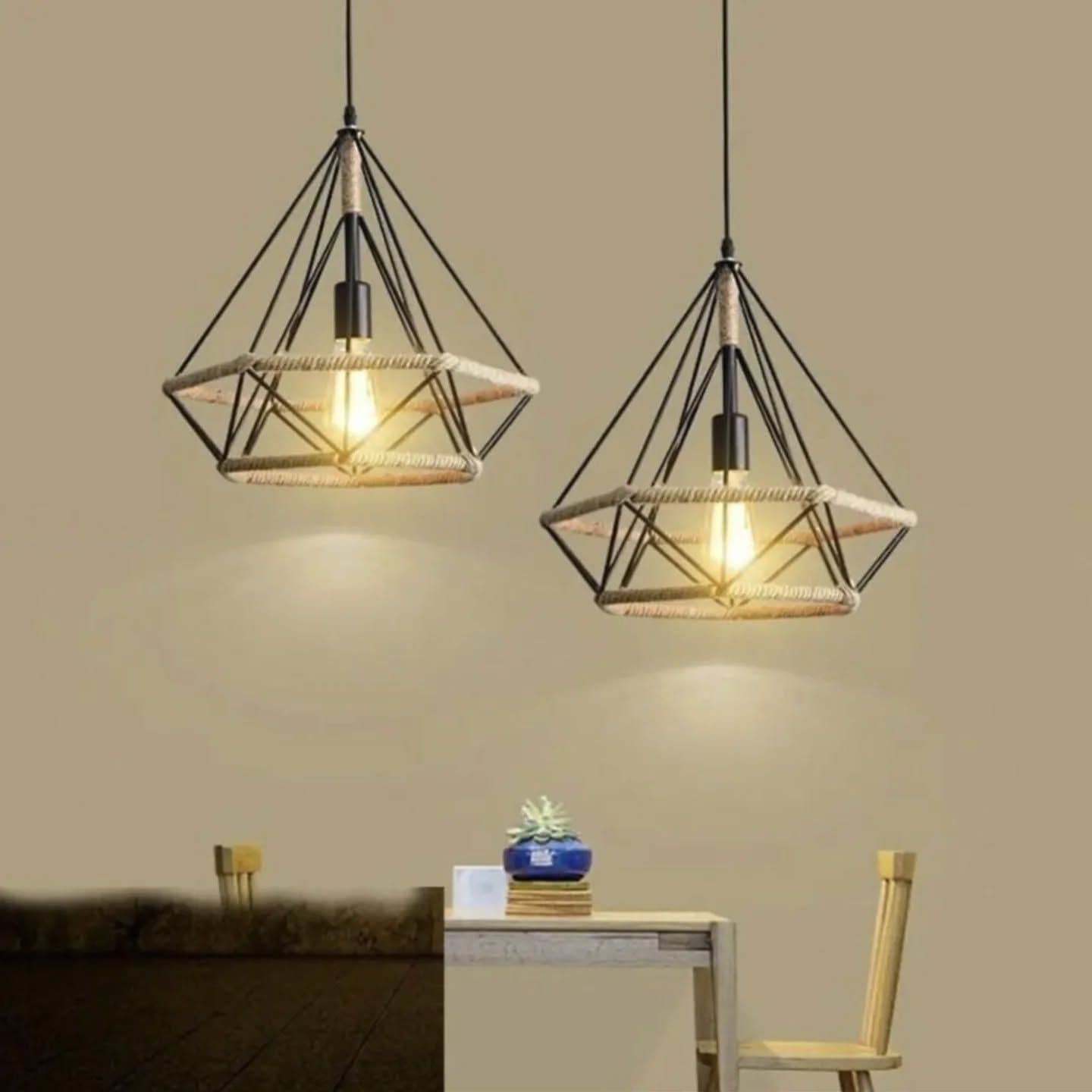 Industrial Black Rope & Metal Geometric Pendant Light