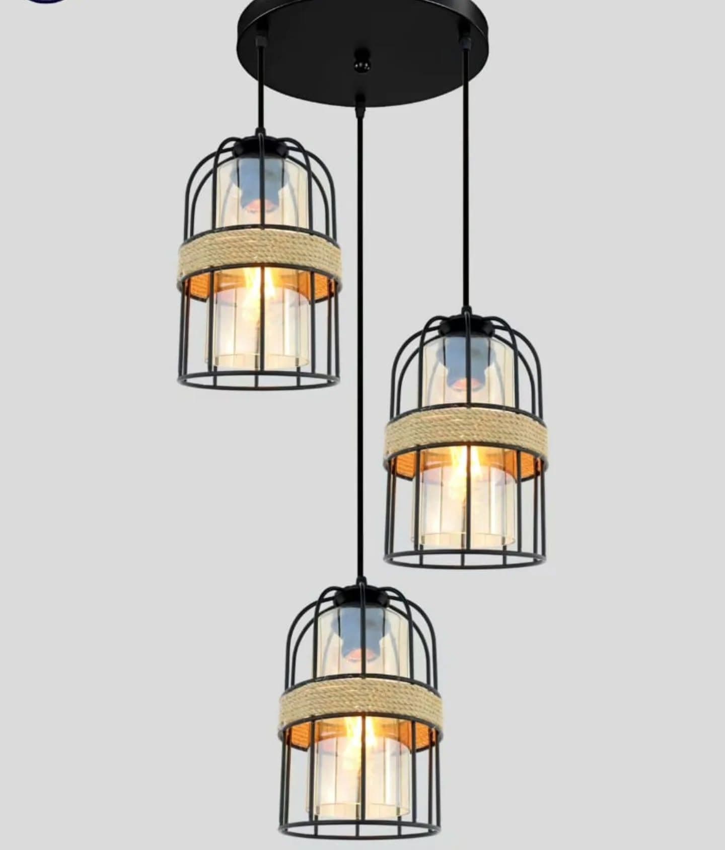 Industrial Black Triple Pendant Light with Sisal Rope Accent