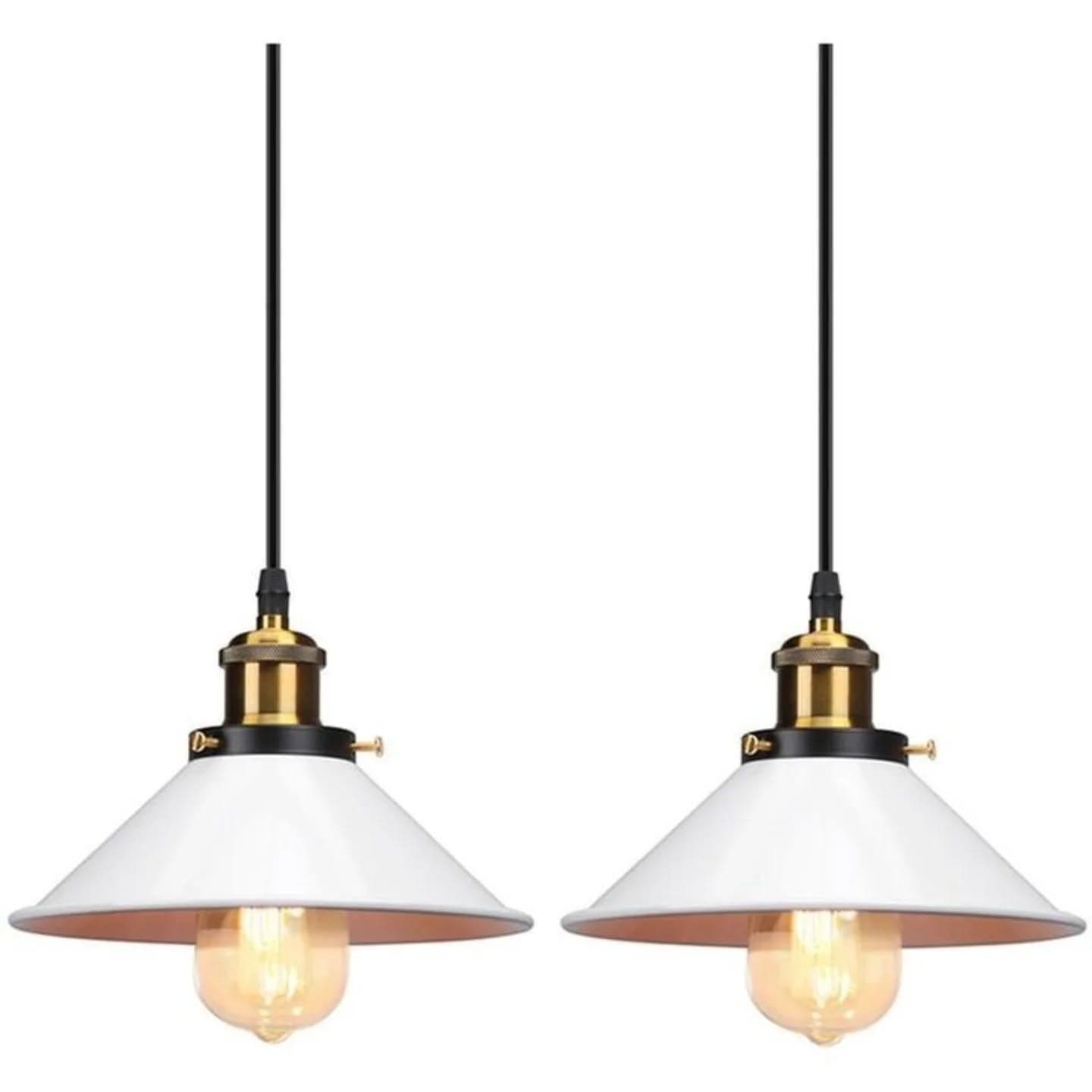 Industrial White Metal Conical Pendant Light with Exposed Bulb