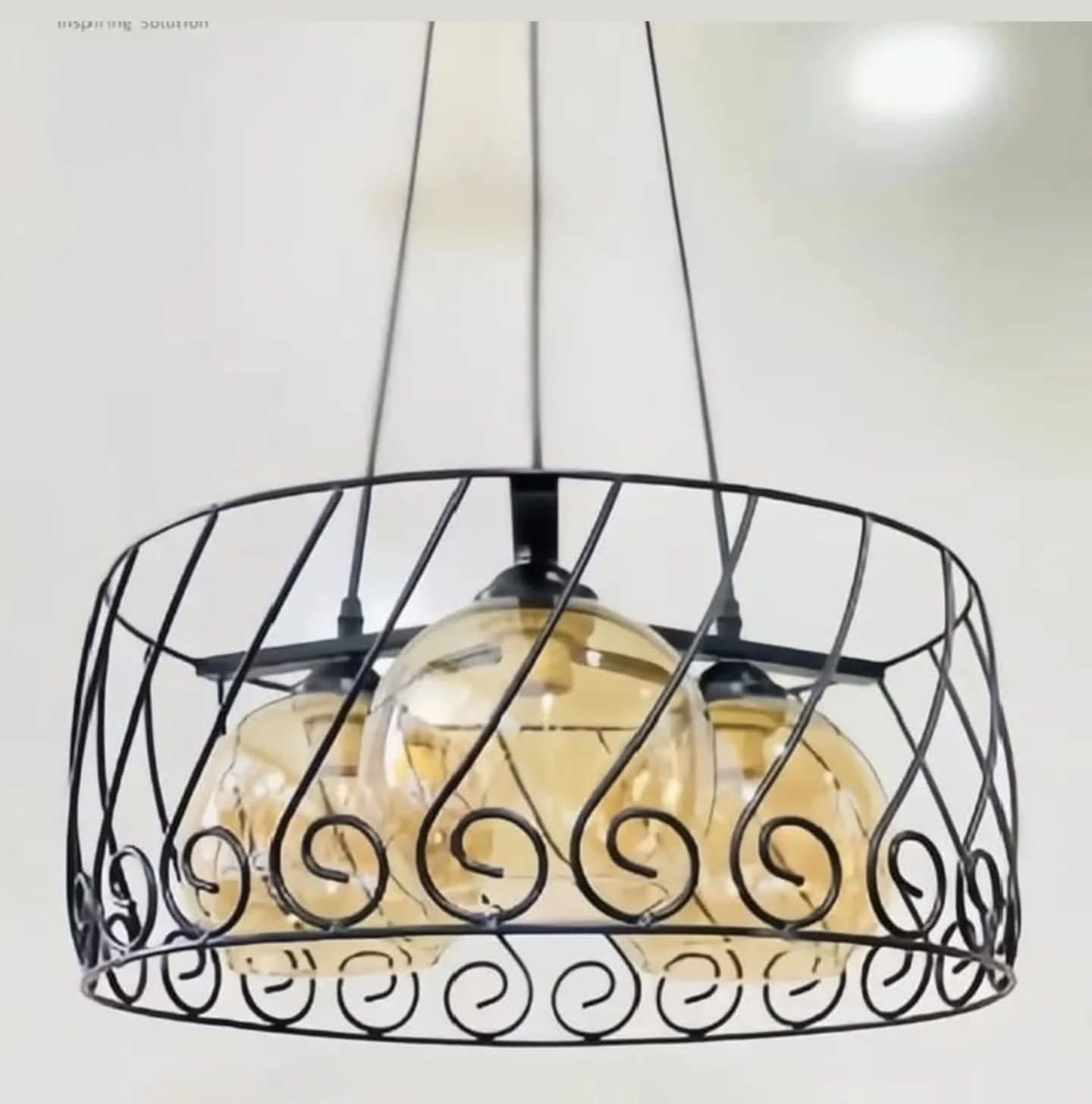 Industrial Black Metal Cage Chandelier with Amber Glass Shades