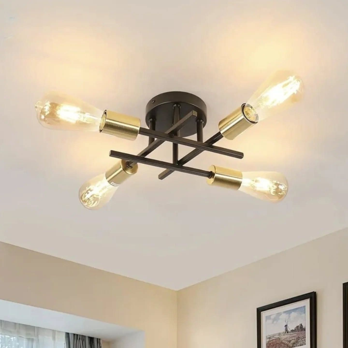 Industrial Black Metal Chandelier with Gold Accents