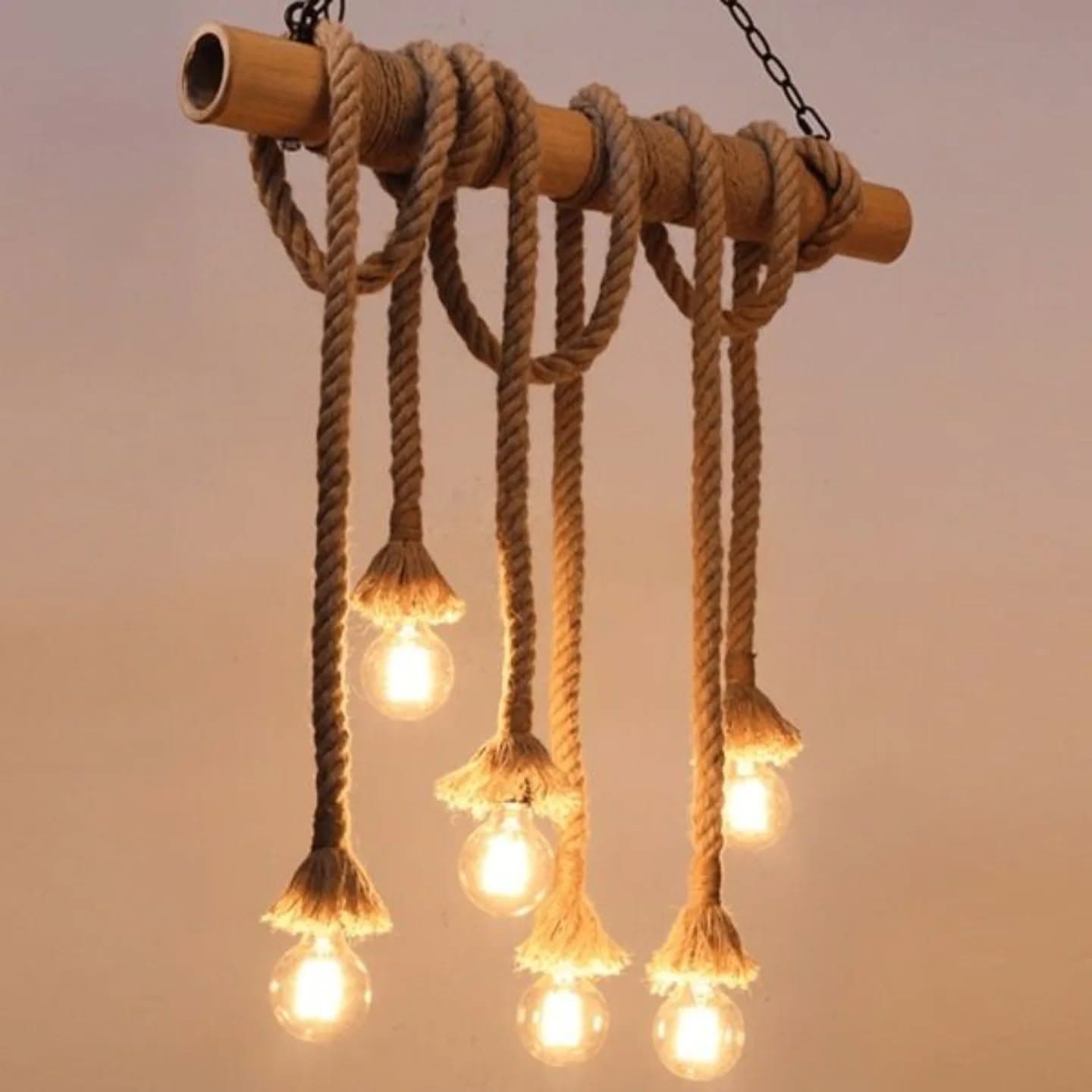 Industrial Bamboo Rope Pendant Light with Exposed Bulbs