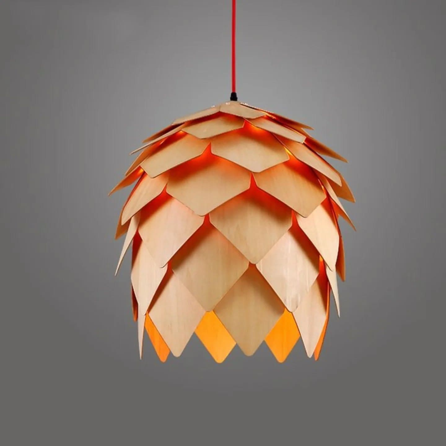 Rustic Wood Pinecone Pendant Light with Red Cord