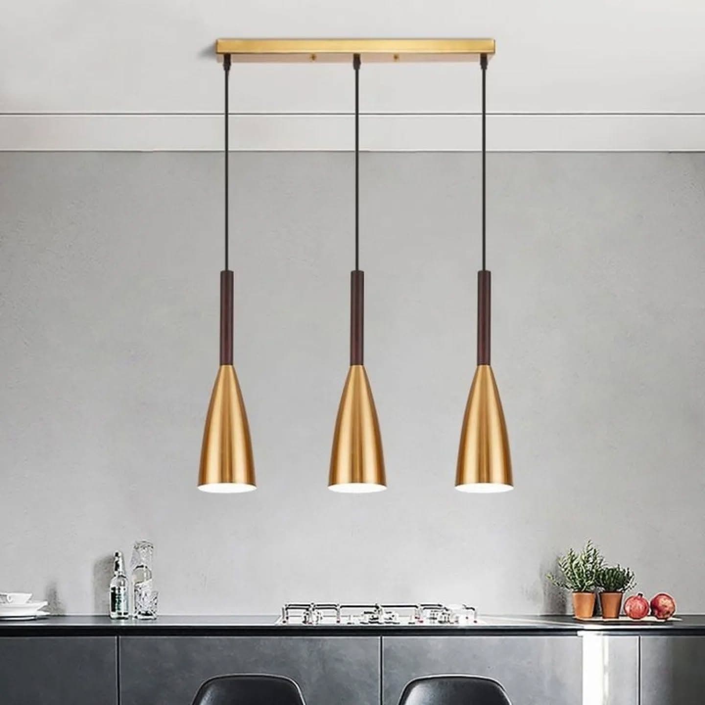 Modern Gold Brass and Wood Conical Pendant Light
