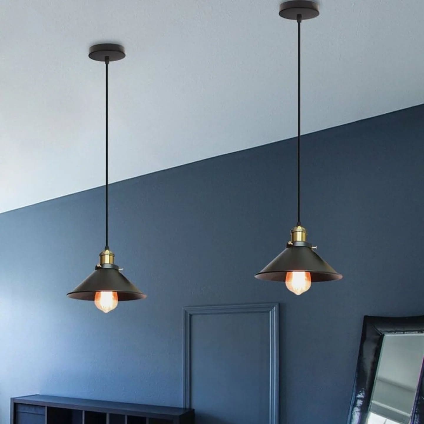 Industrial Black and Brass Conical Pendant Light