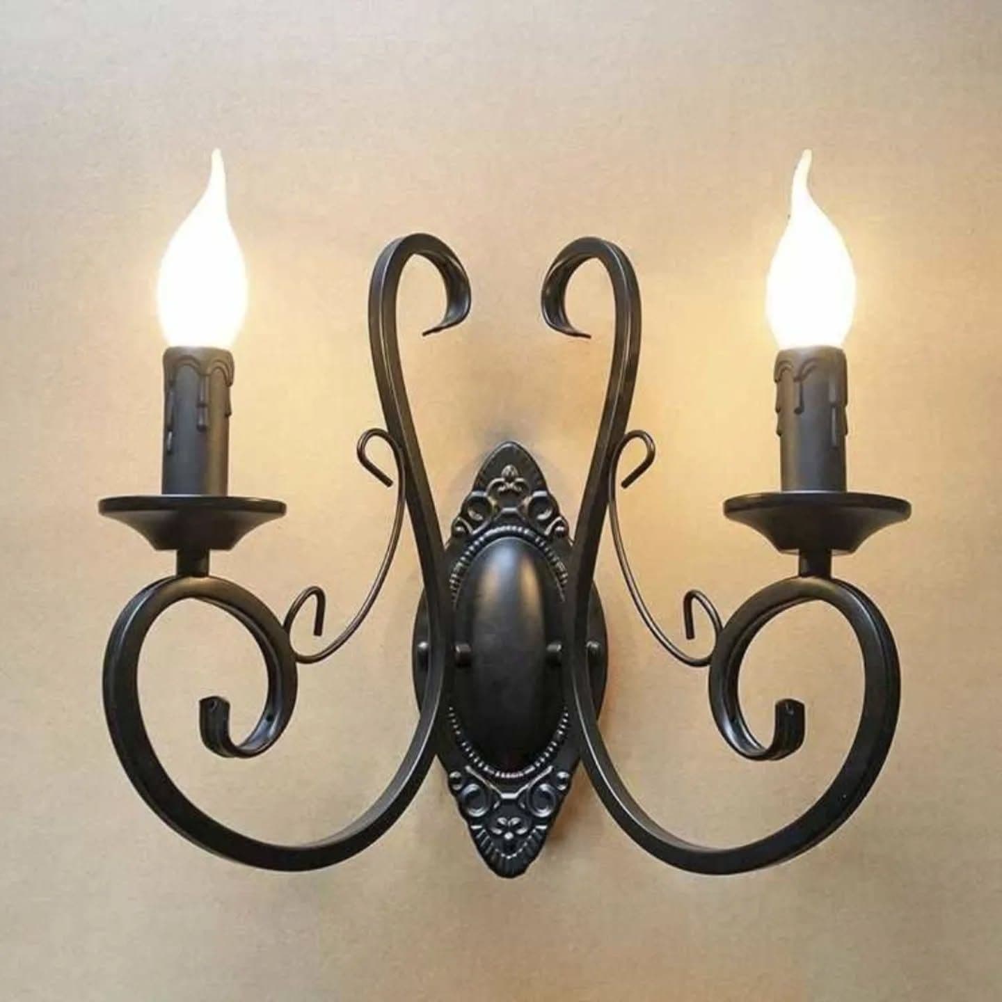 Vintage Black Metal Double Sconce Wall Light with Candle-Style Bulbs