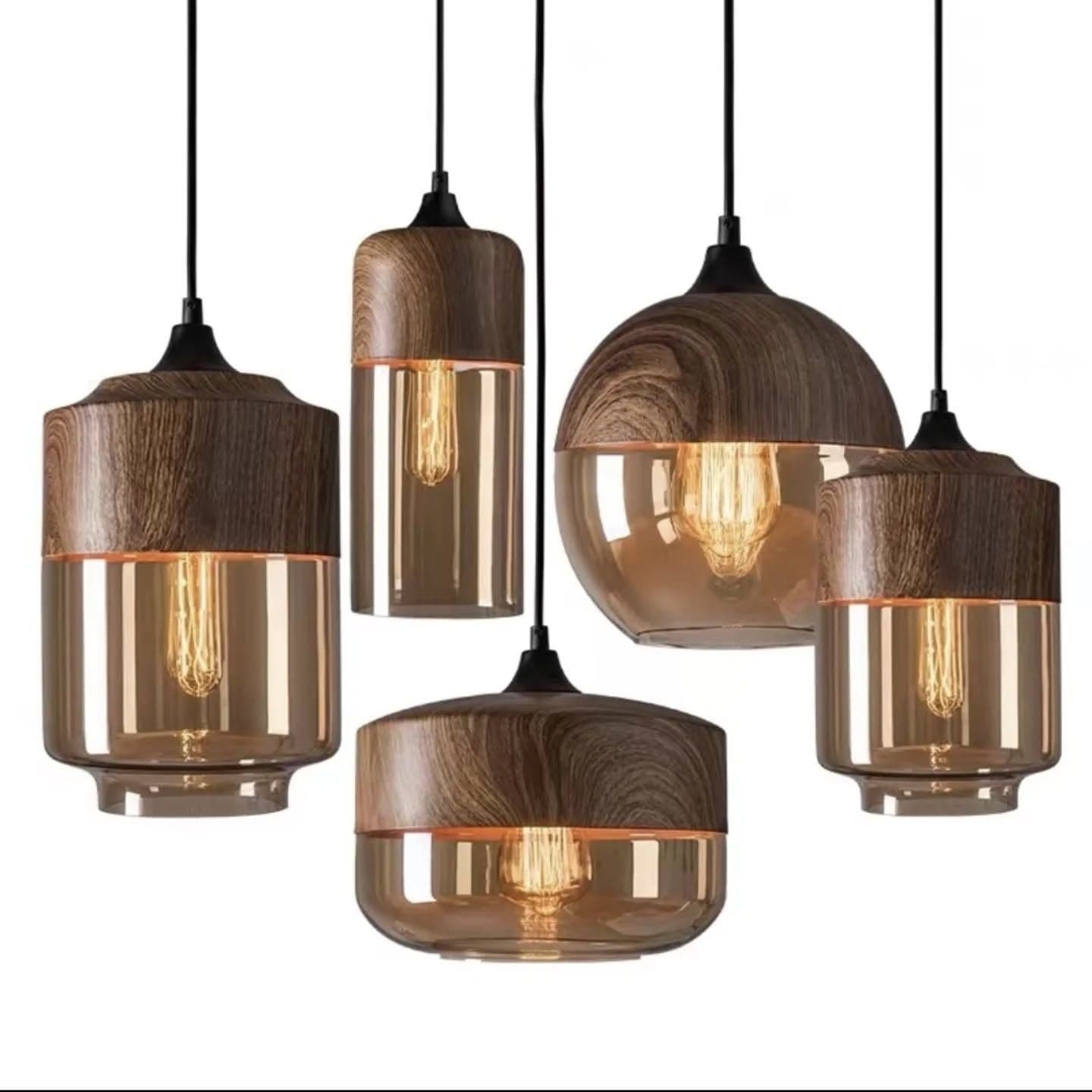 Industrial Wood and Amber Glass Pendant Light