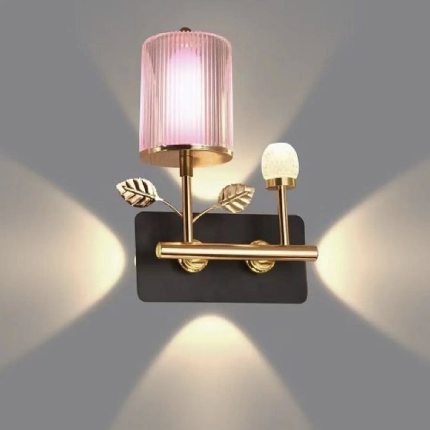 Modern Gold Leaf Dual Wall Light with Ribbed Glass Shade