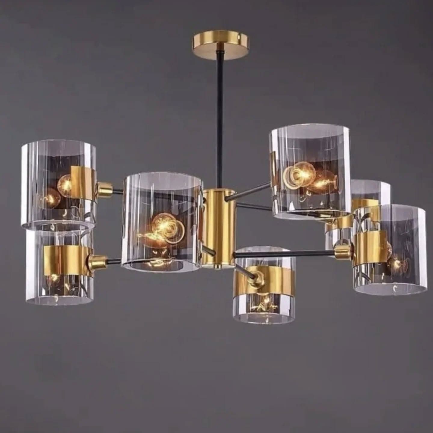 Modern Gold 8-Arm Glass Chandelier with Exposed Bulbs