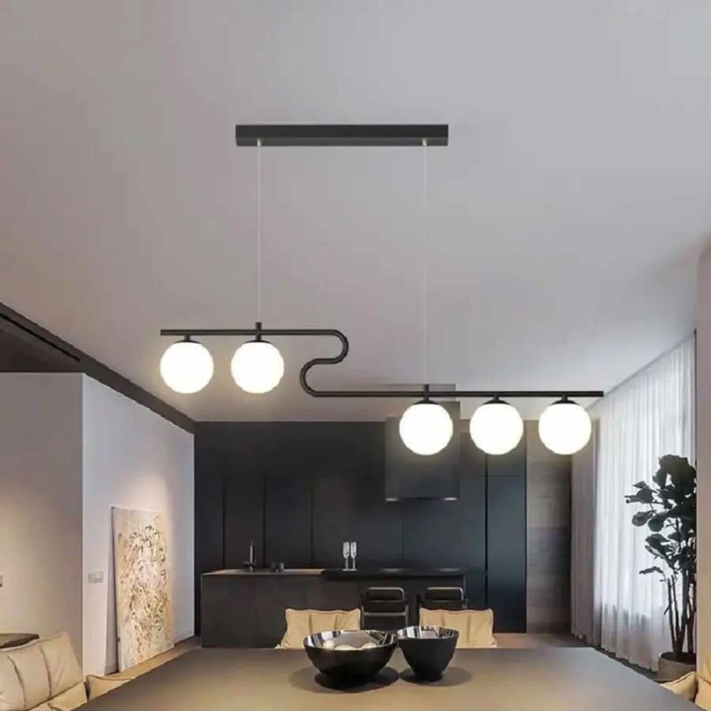 Modern Black Linear Bar Pendant Light with Four Globe Shades