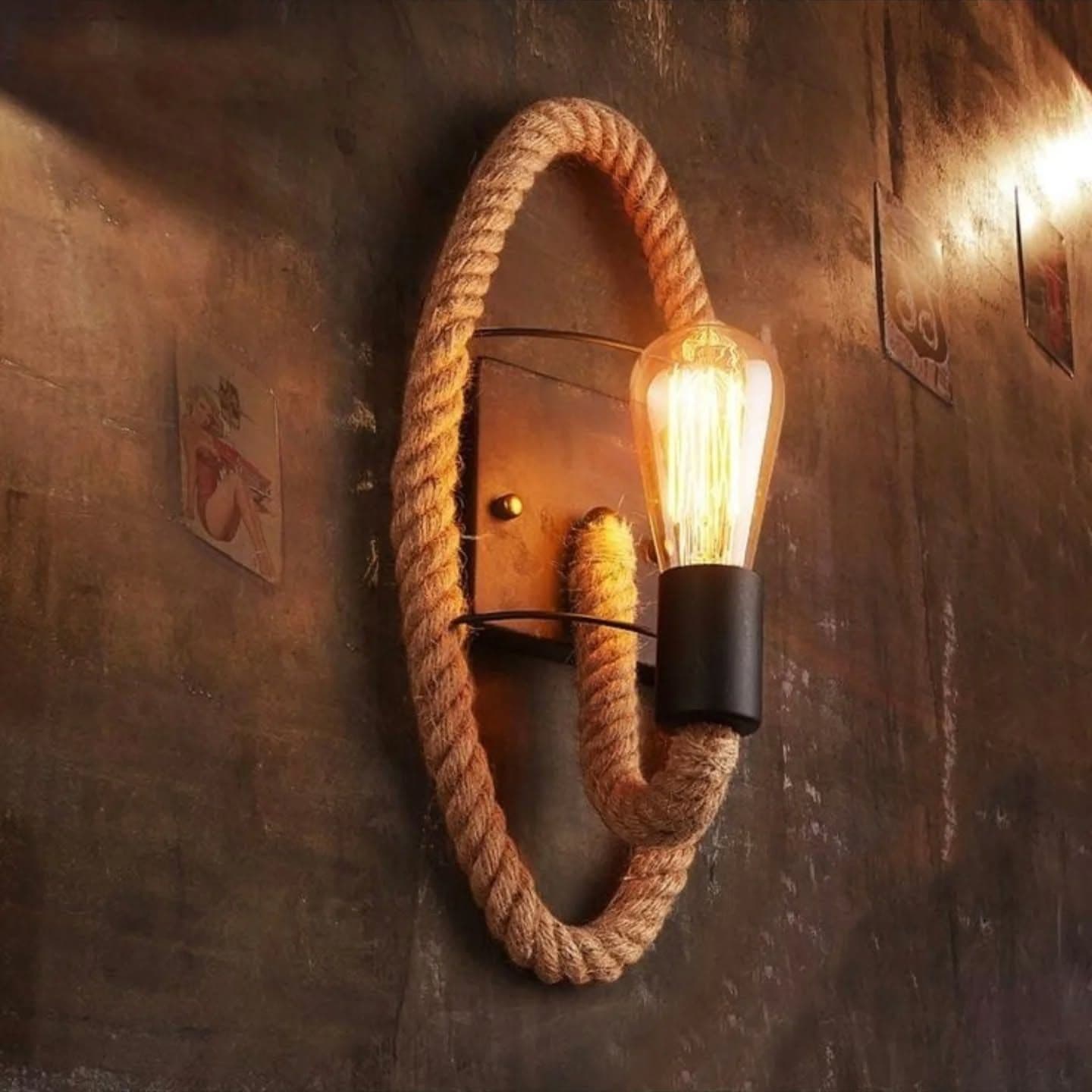 Industrial Rope and Metal Wall Light with Edison Bulb - Brown
