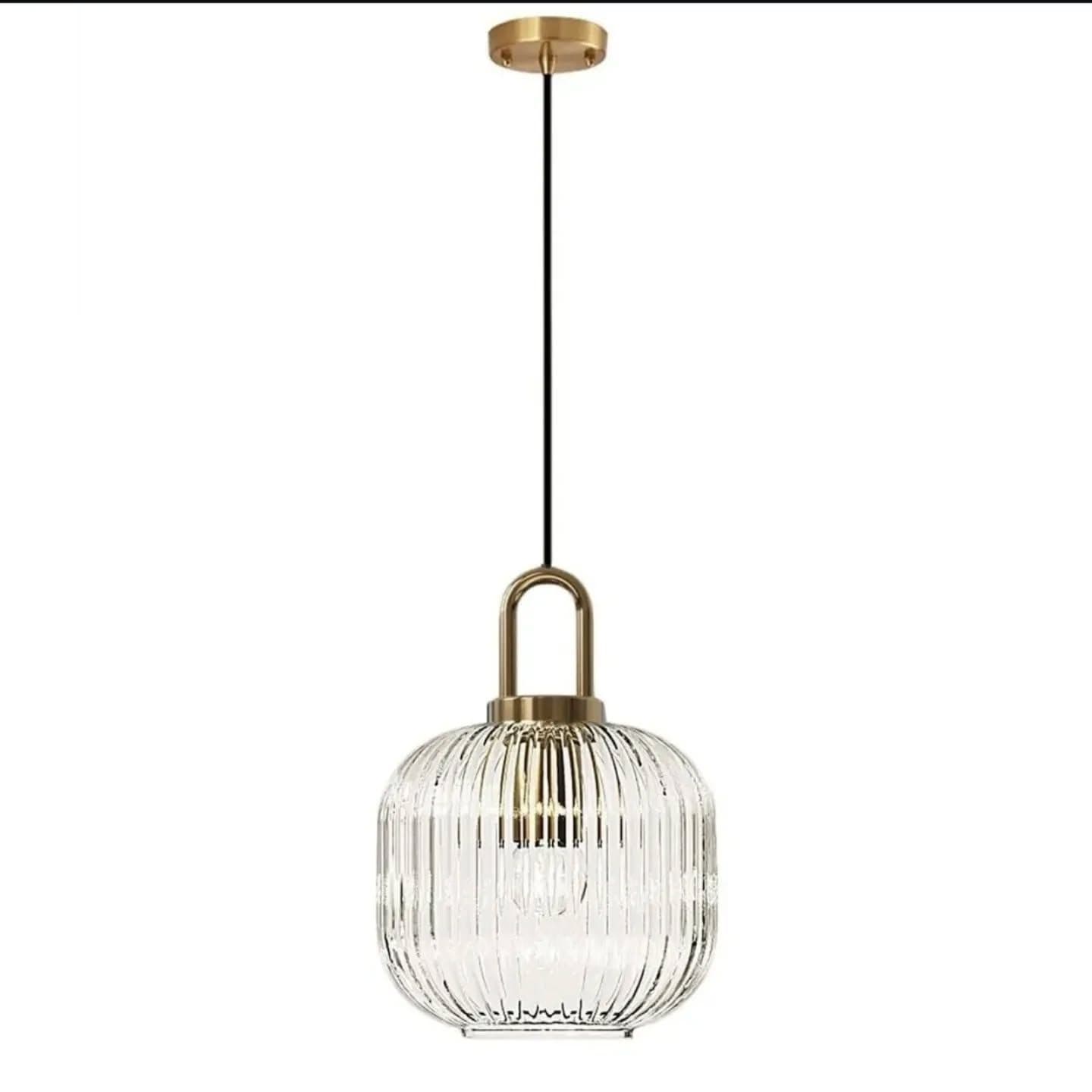 Modern Clear Glass and Brass Ribbed Pendant Light