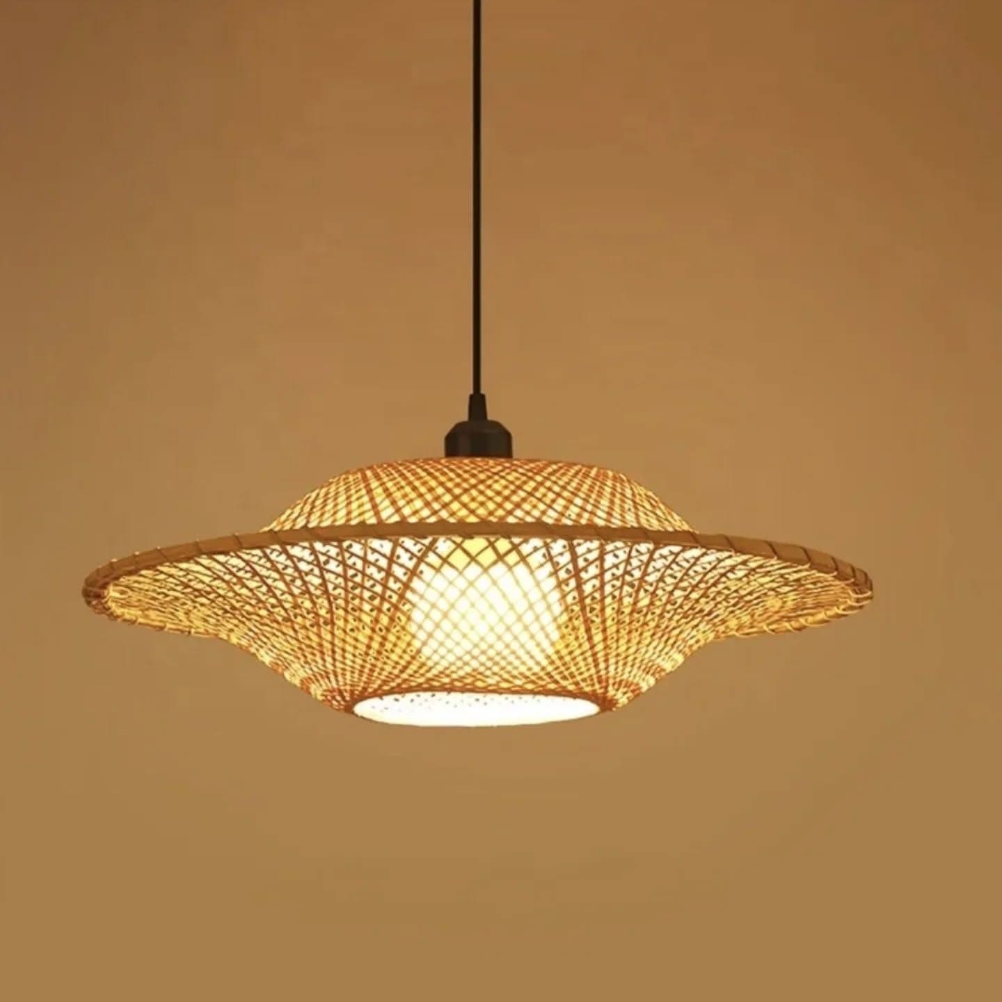 Handwoven Bamboo & Fabric Pendant Light in Natural Wood