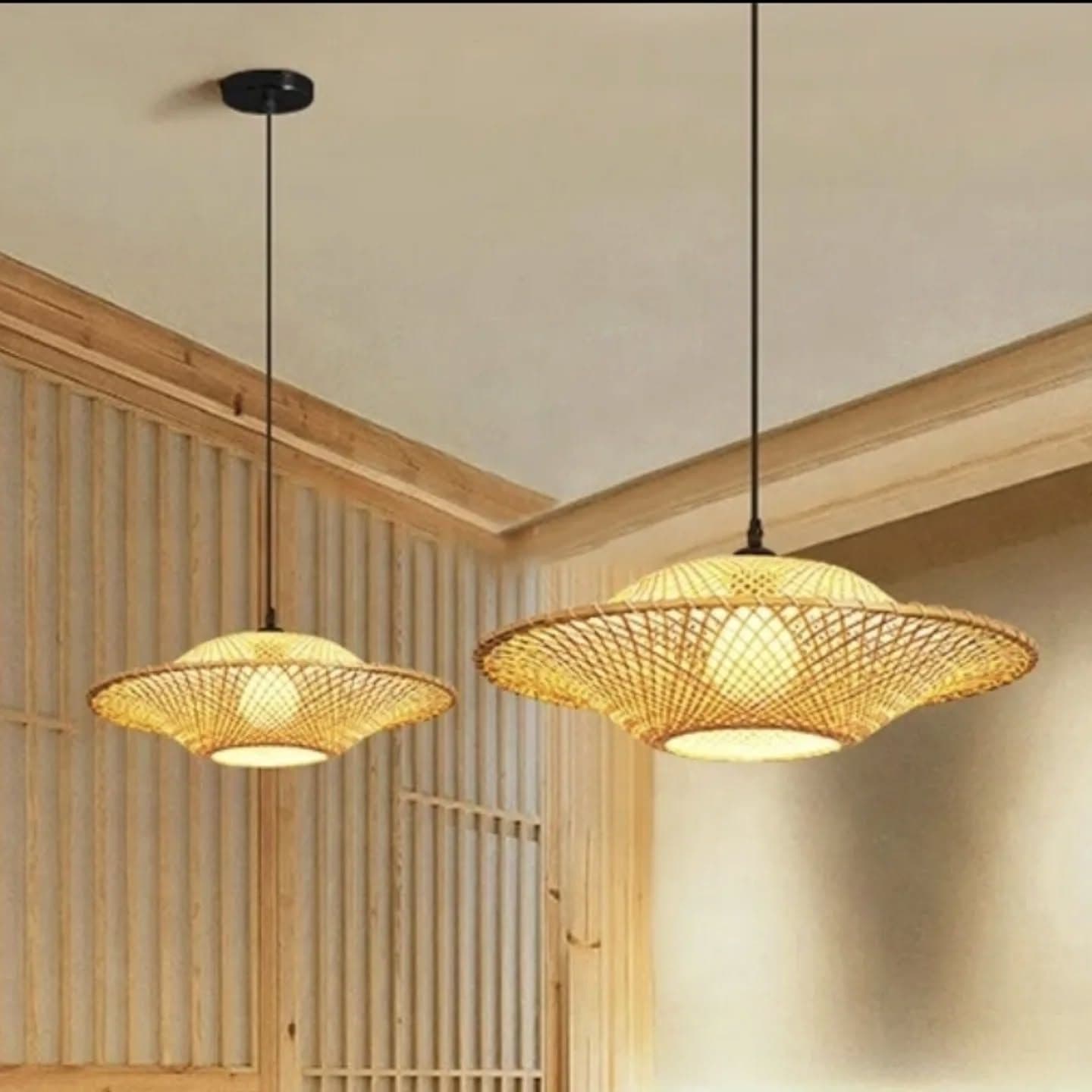 Handwoven Bamboo & Metal Pendant Light in Natural Wood