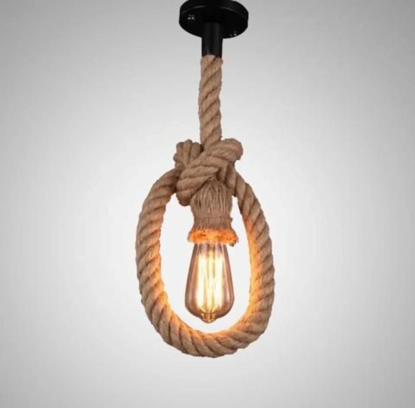 Industrial Rope and Black Metal Pendant Light with Exposed Bulb