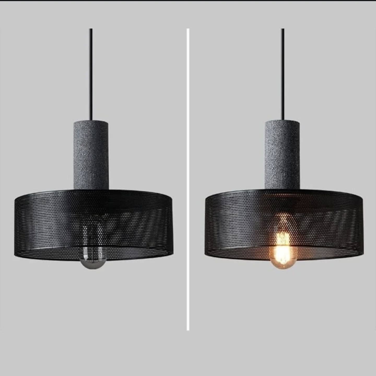 Industrial Black Perforated Metal Pendant Light with Stone Accent