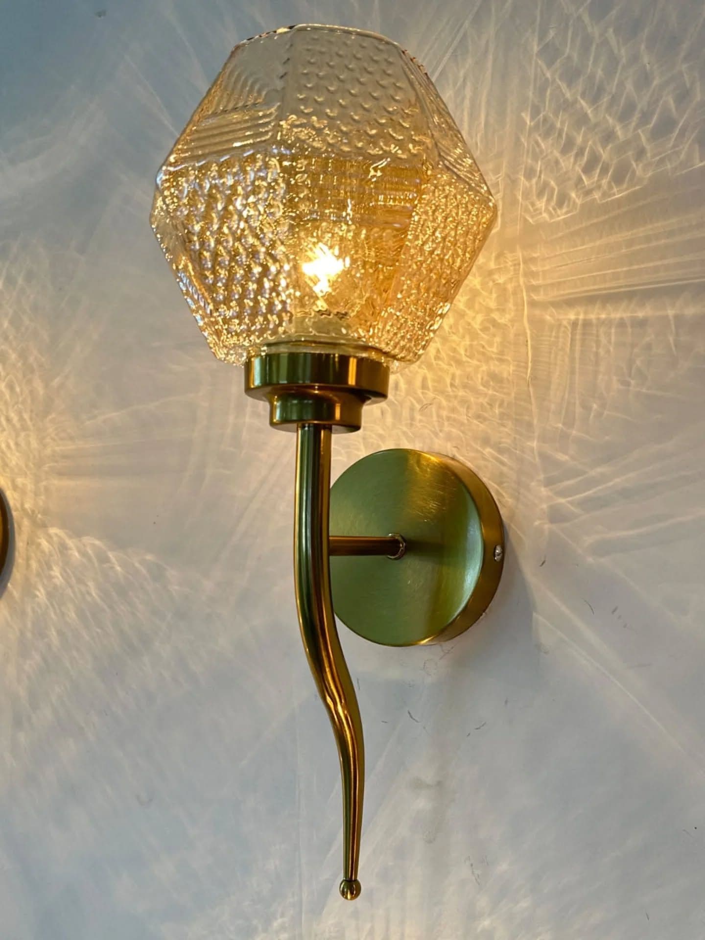 Vintage Gold Brass and Textured Glass Wall Light