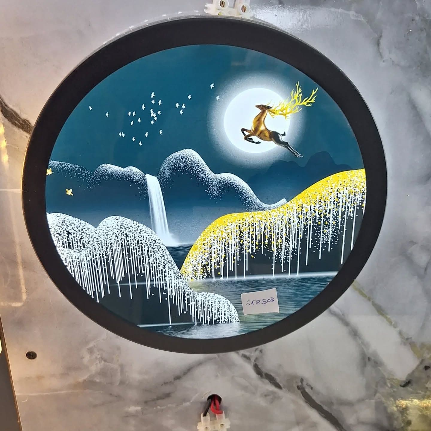 Modern Black Circular Wall Light with Nature-Inspired Artwork