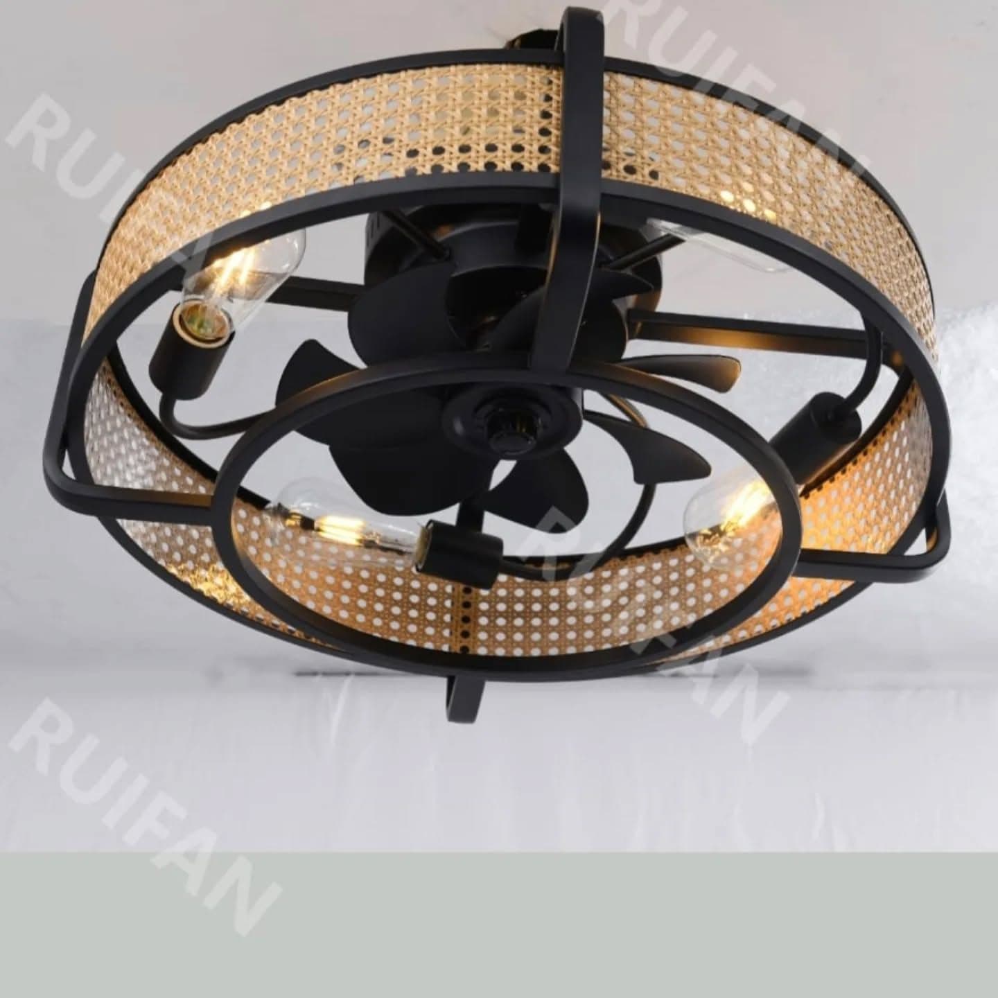 Vintage Black Metal and Rattan Ceiling Fan Chandelier
