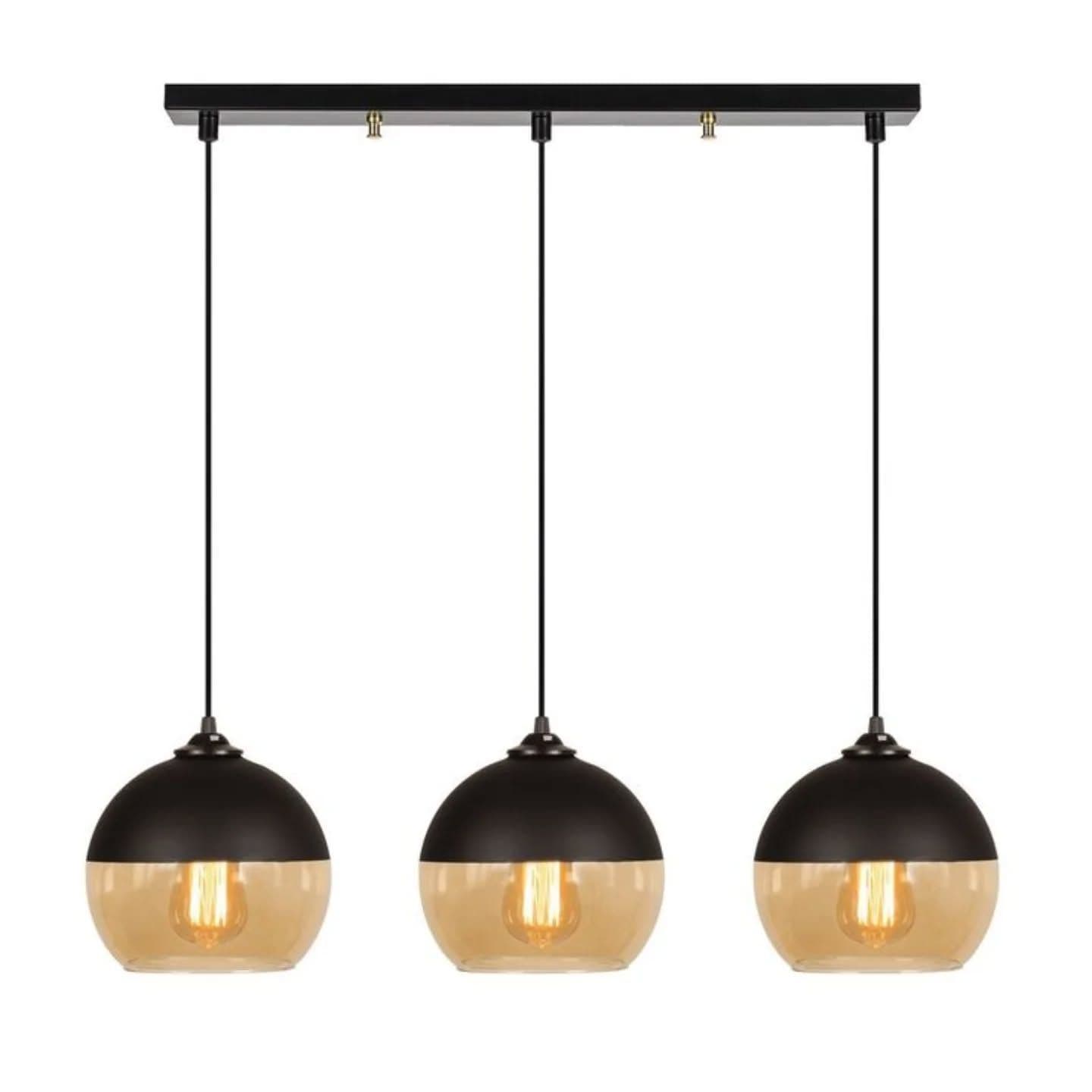 Modern Matte Black and Amber Glass Three-Light Pendant