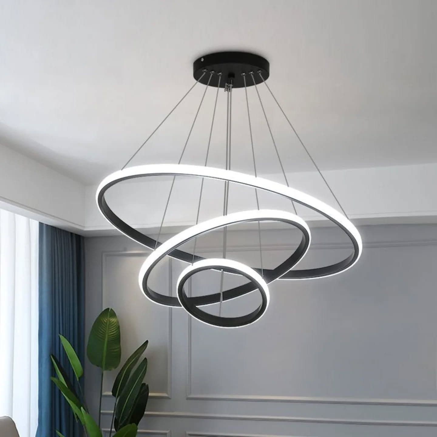 Modern Black Geometric 3-Ring LED Chandelier