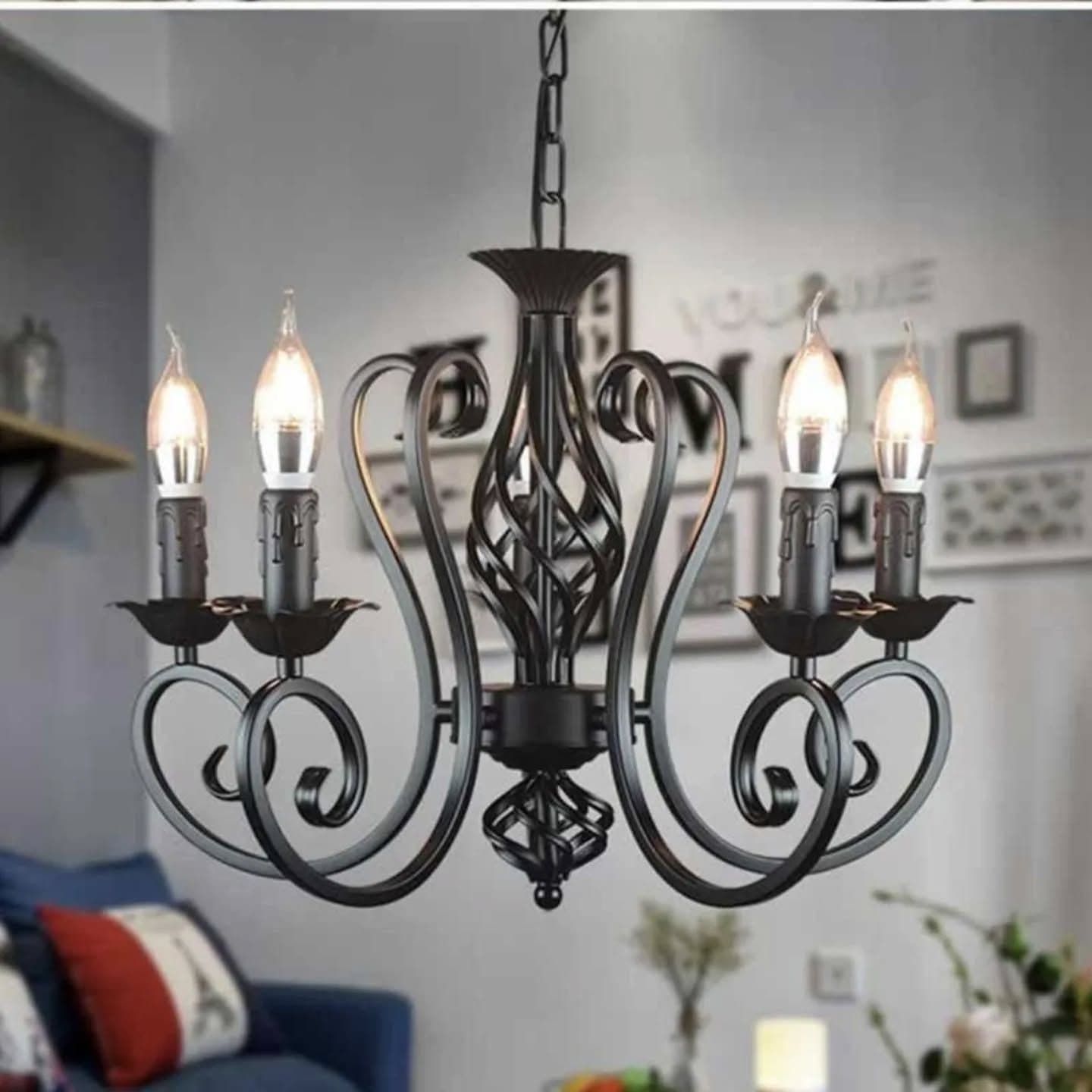 Vintage Black Metal 5-Light Candlestick Chandelier