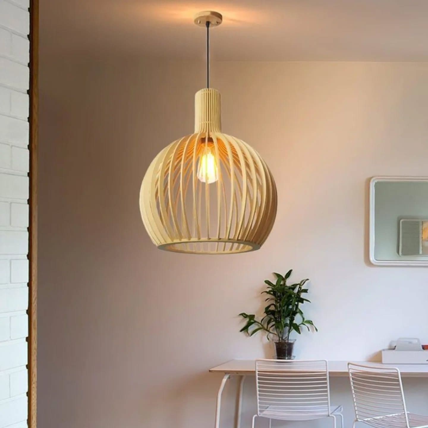 Modern Light Wood Slatted Pendant Light with Exposed Bulb