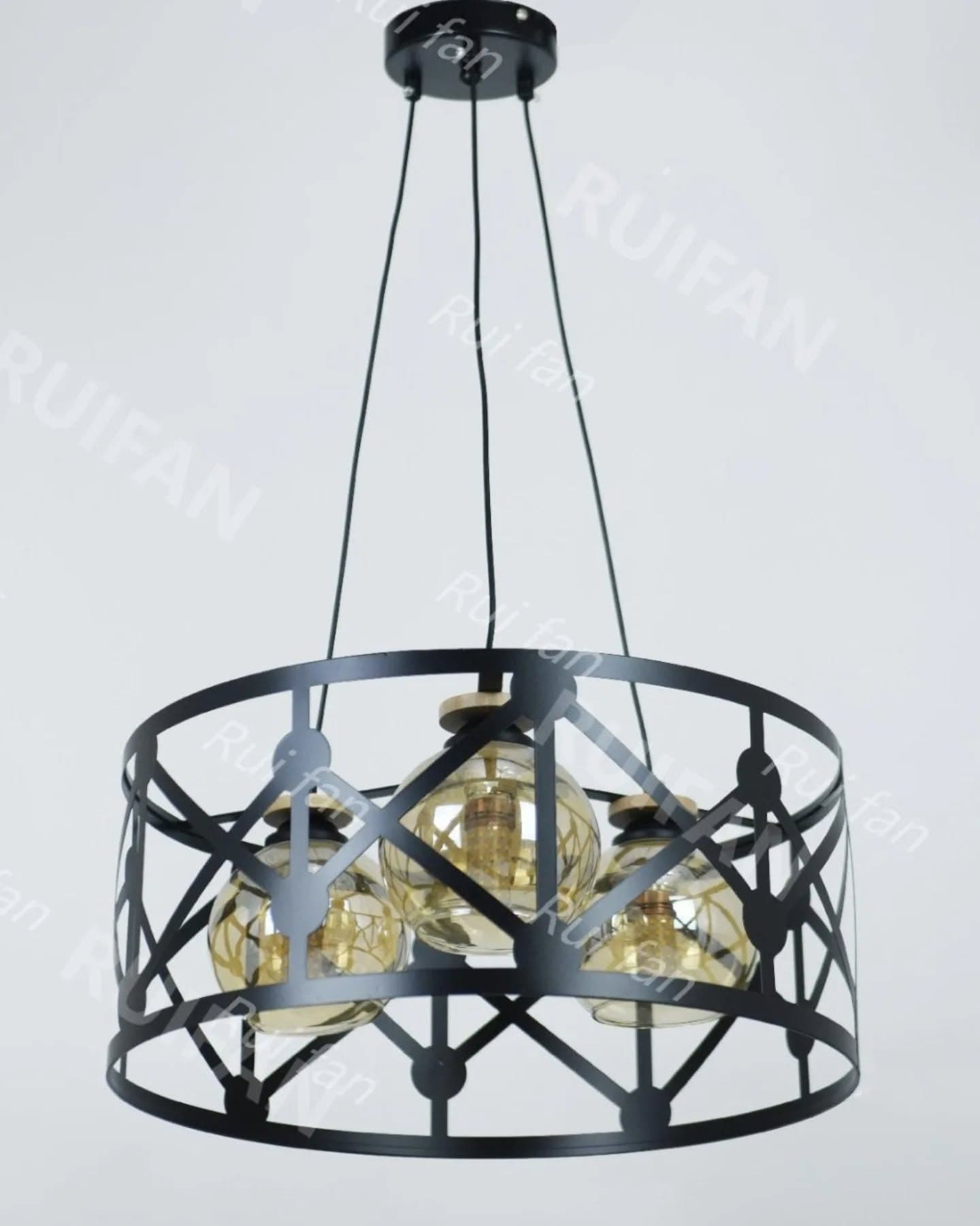 Industrial Black Metal Cage Pendant Light with Amber Glass