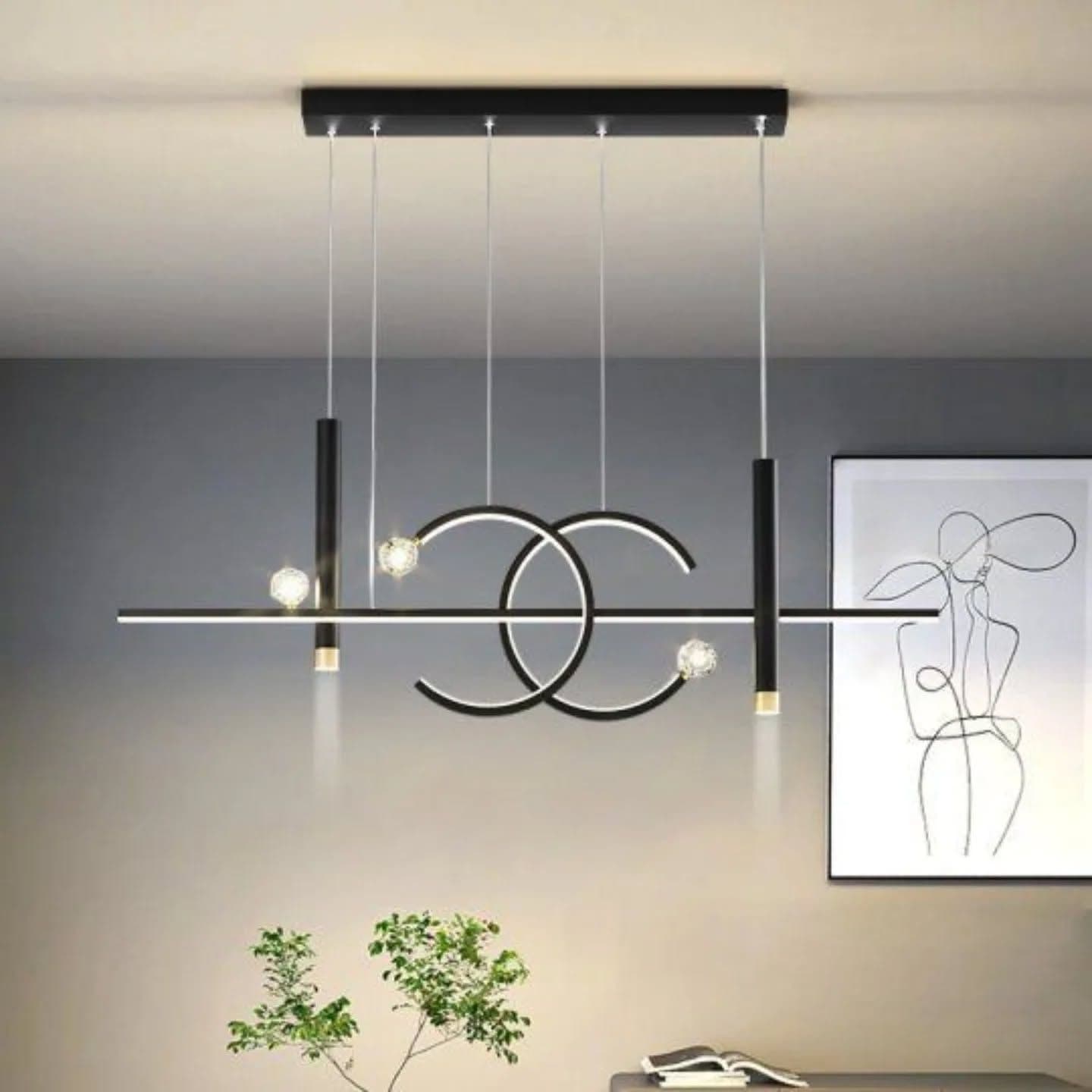 Modern Black Geometric Pendant Light with Crystal Accents