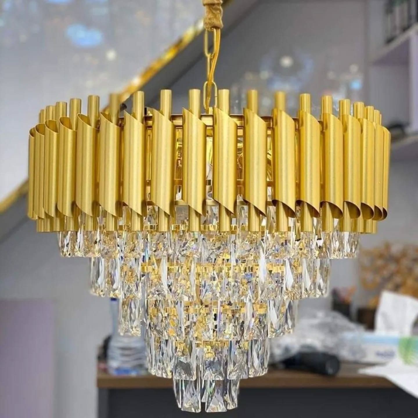 Modern Gold Crystal Tiered Chandelier