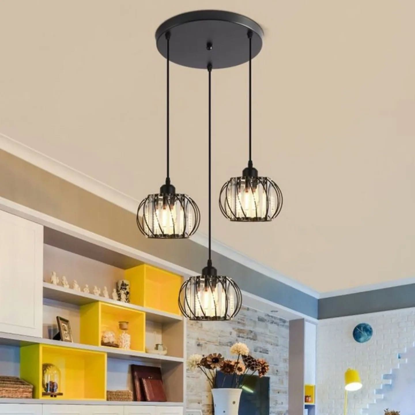 Industrial Black Cage Pendant Light with Clear Glass
