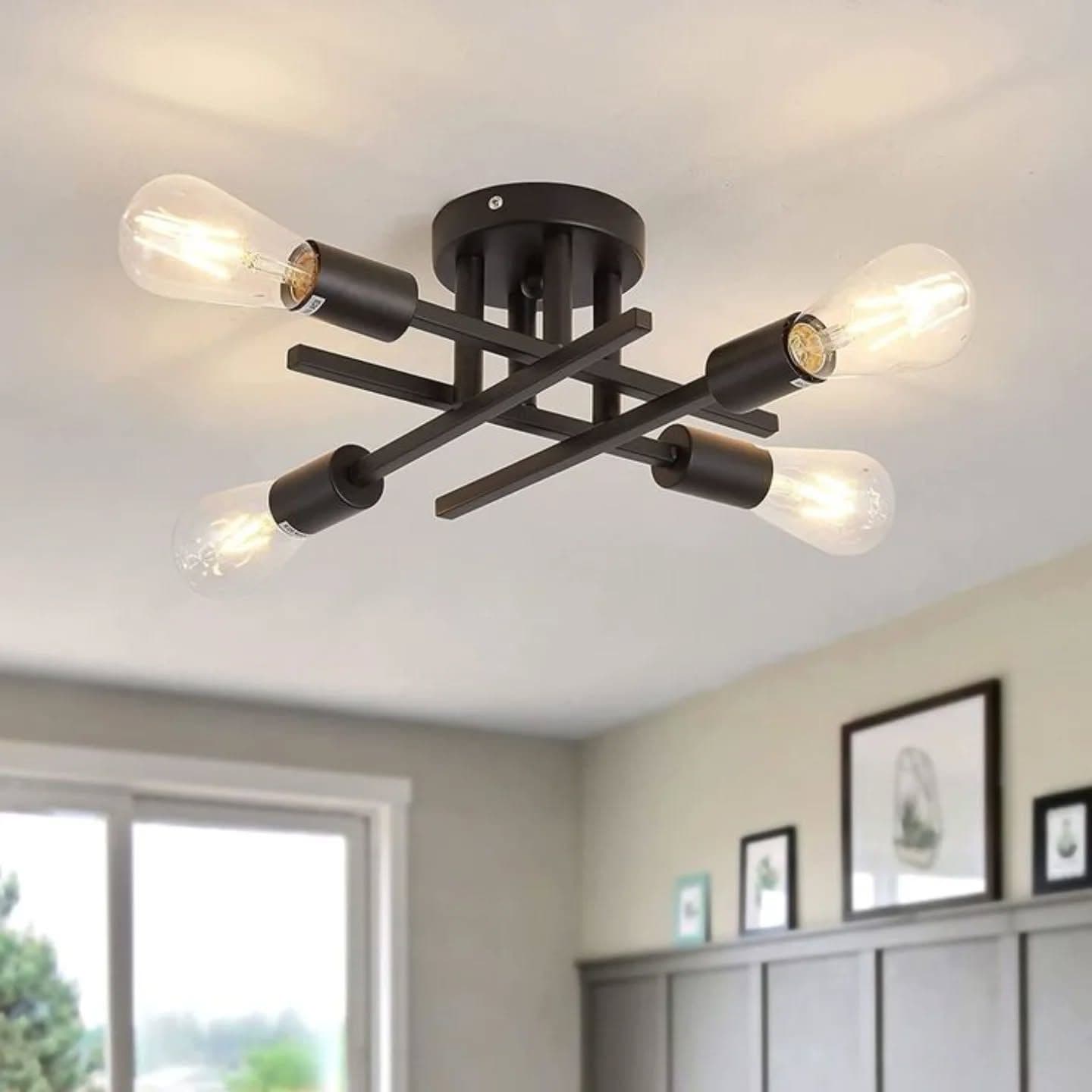 Industrial Matte Black Semi-Flush Mount Chandelier