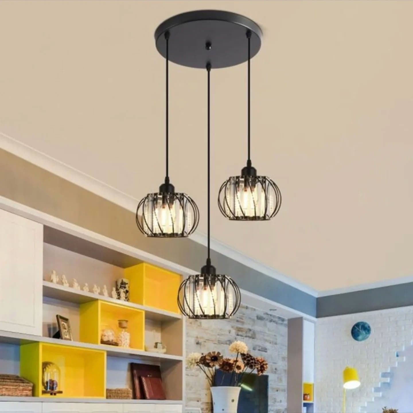 Industrial Black 3-Light Cage Pendant Light