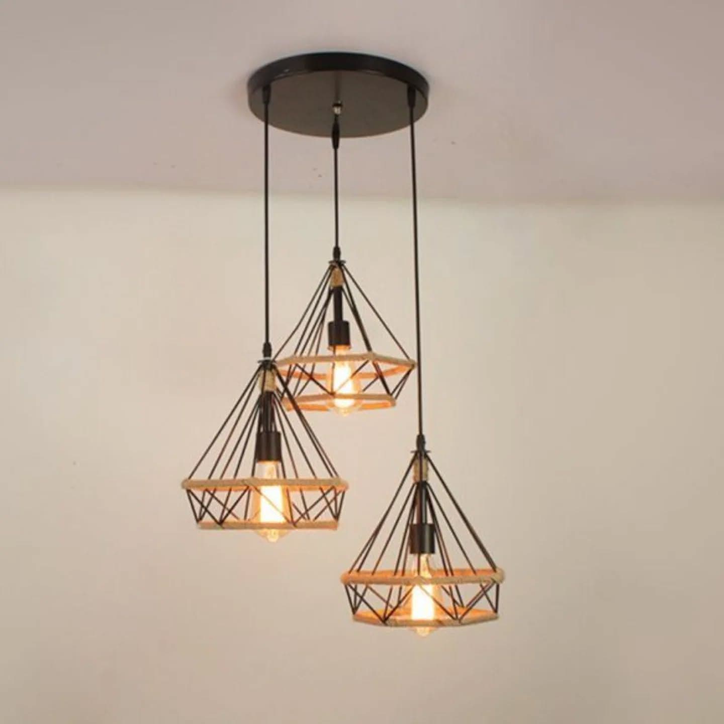 Industrial Black Metal & Rope 3-in-1 Pendant Light