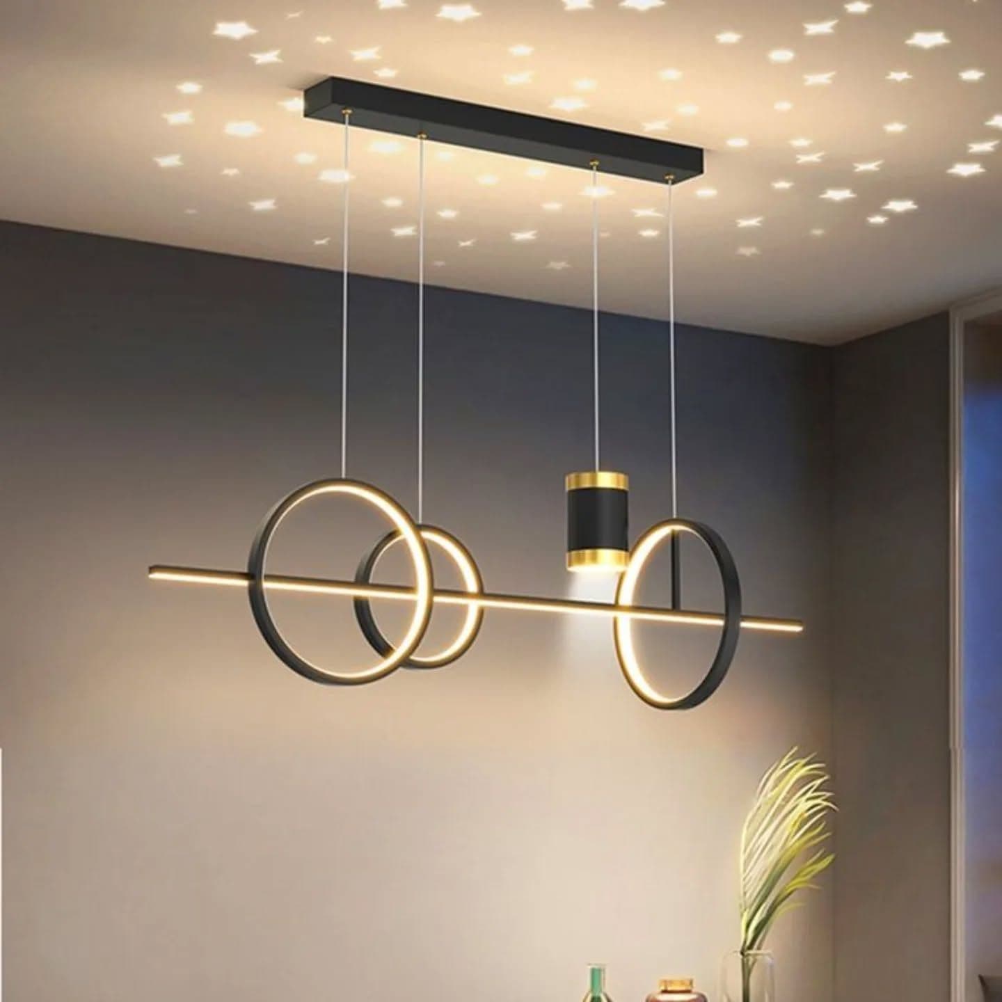 Modern Black and Gold Ring Pendant Light with Star Projection