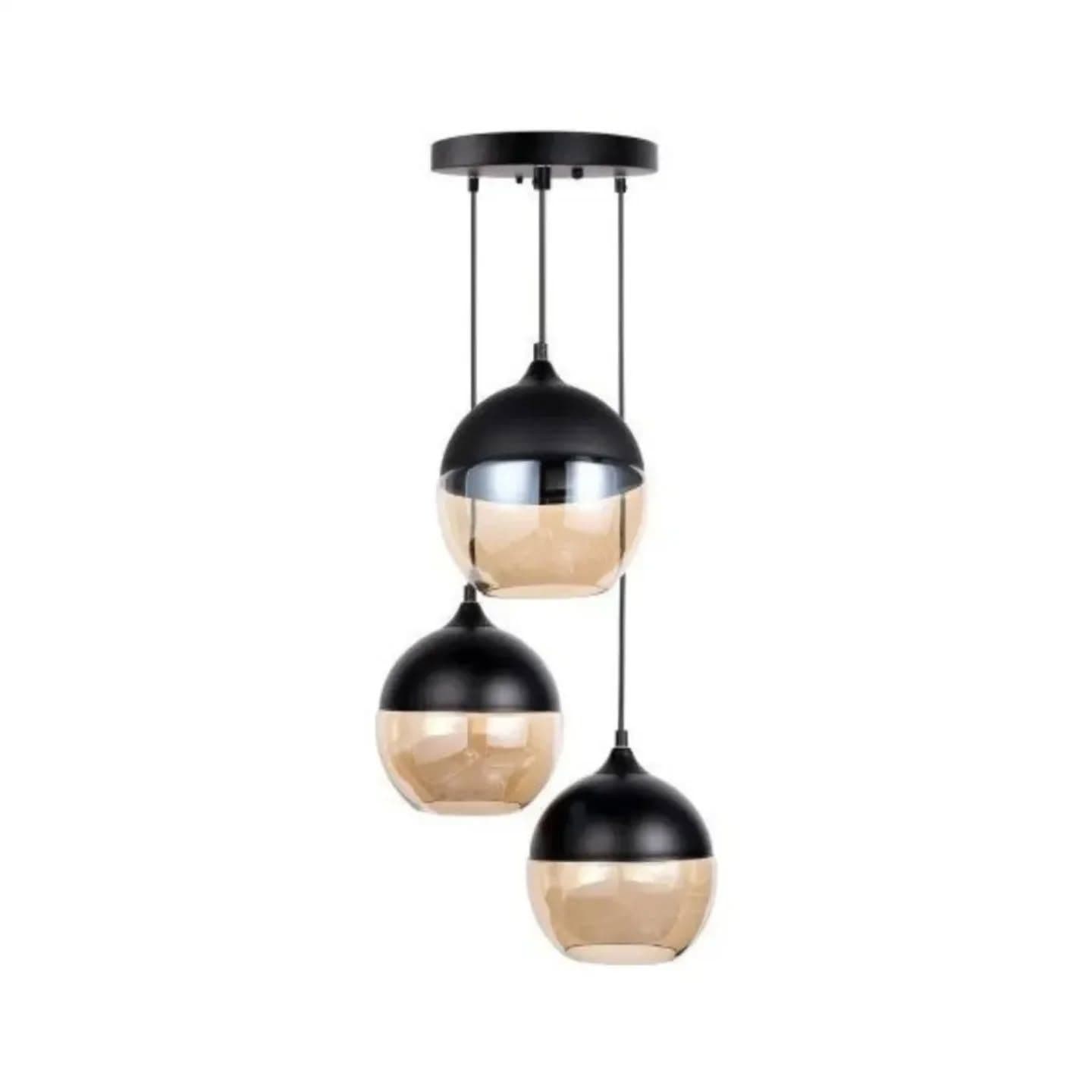 Modern Triple Black Dome Pendant Light with Amber Glass Accents