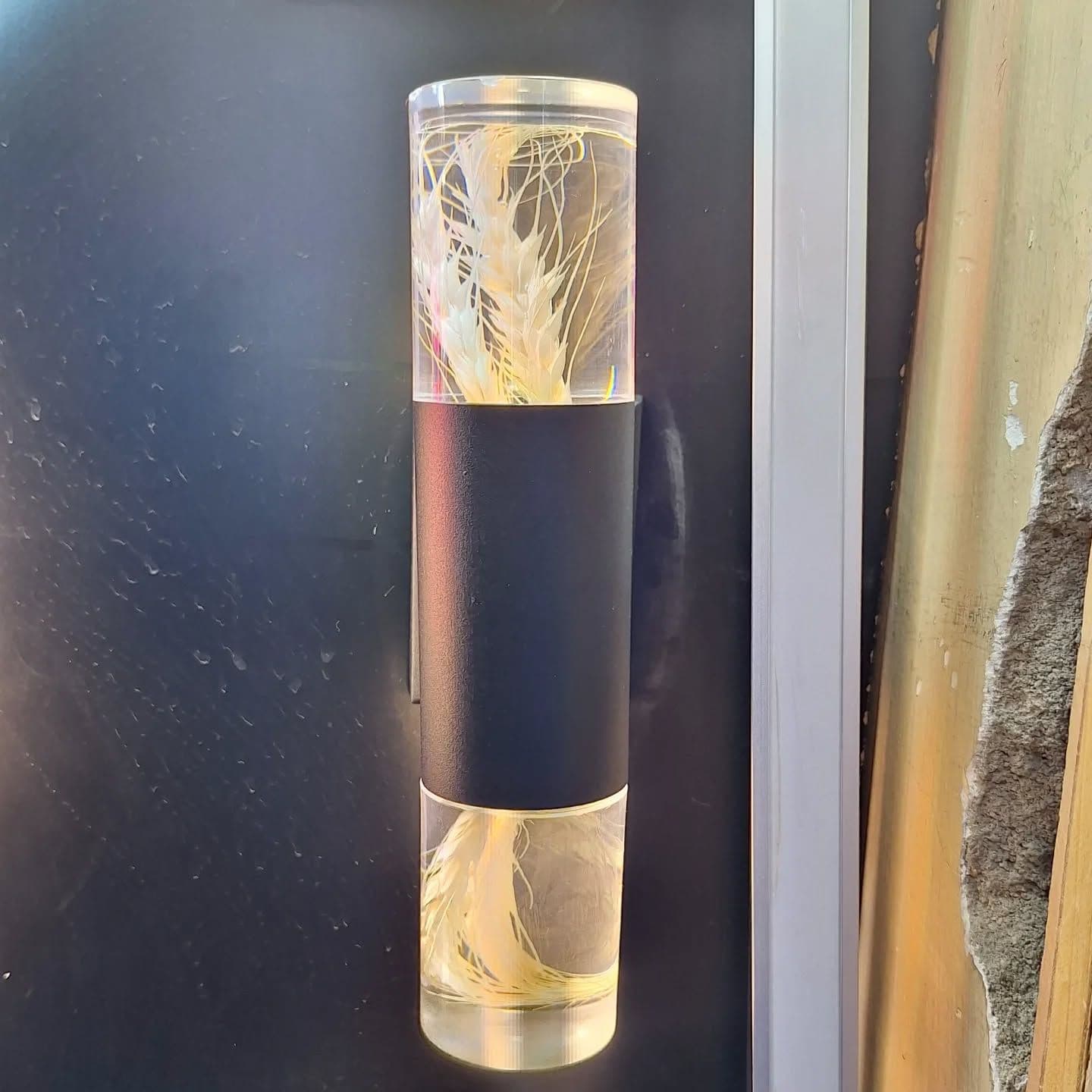Modern Clear Glass & Black Metal Cylindrical Wall Light