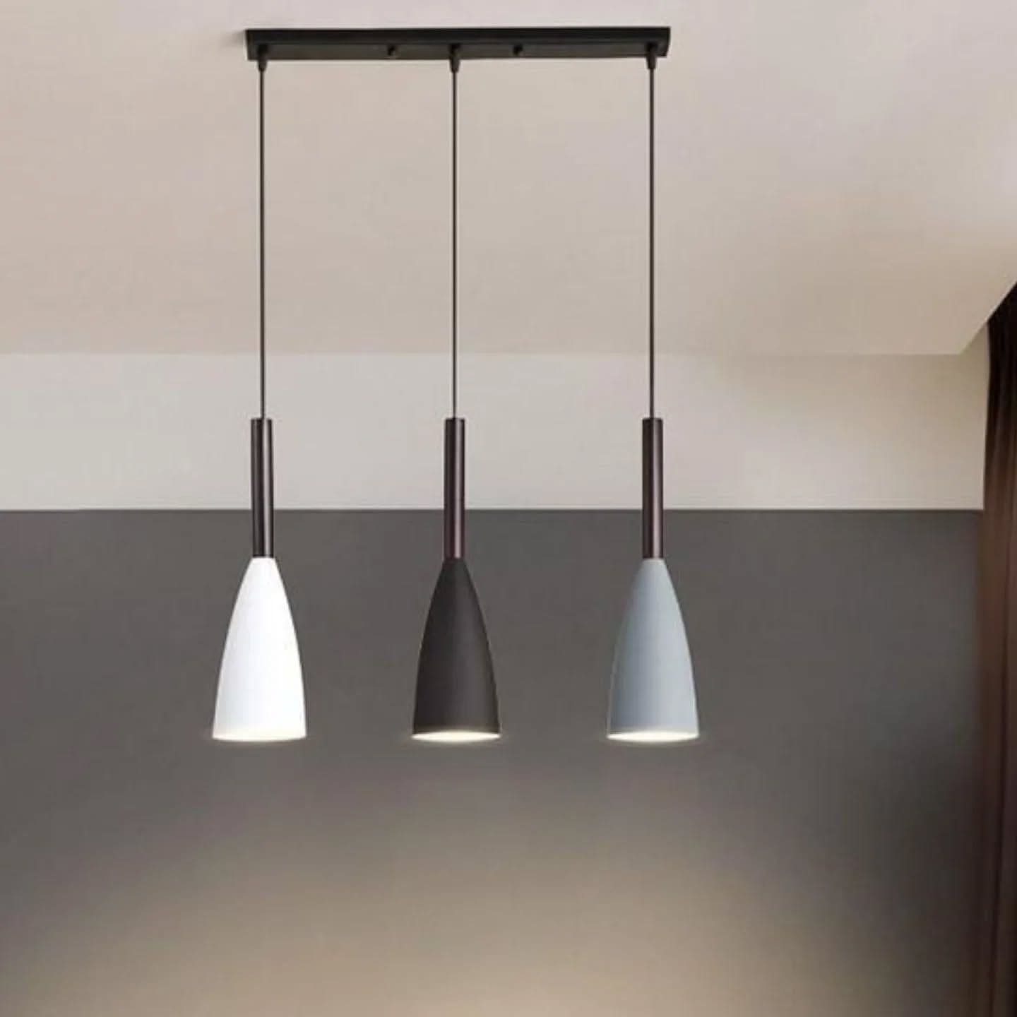 Modern Three-Light Linear Pendant with Cone Shades in White, Black & Light Blue