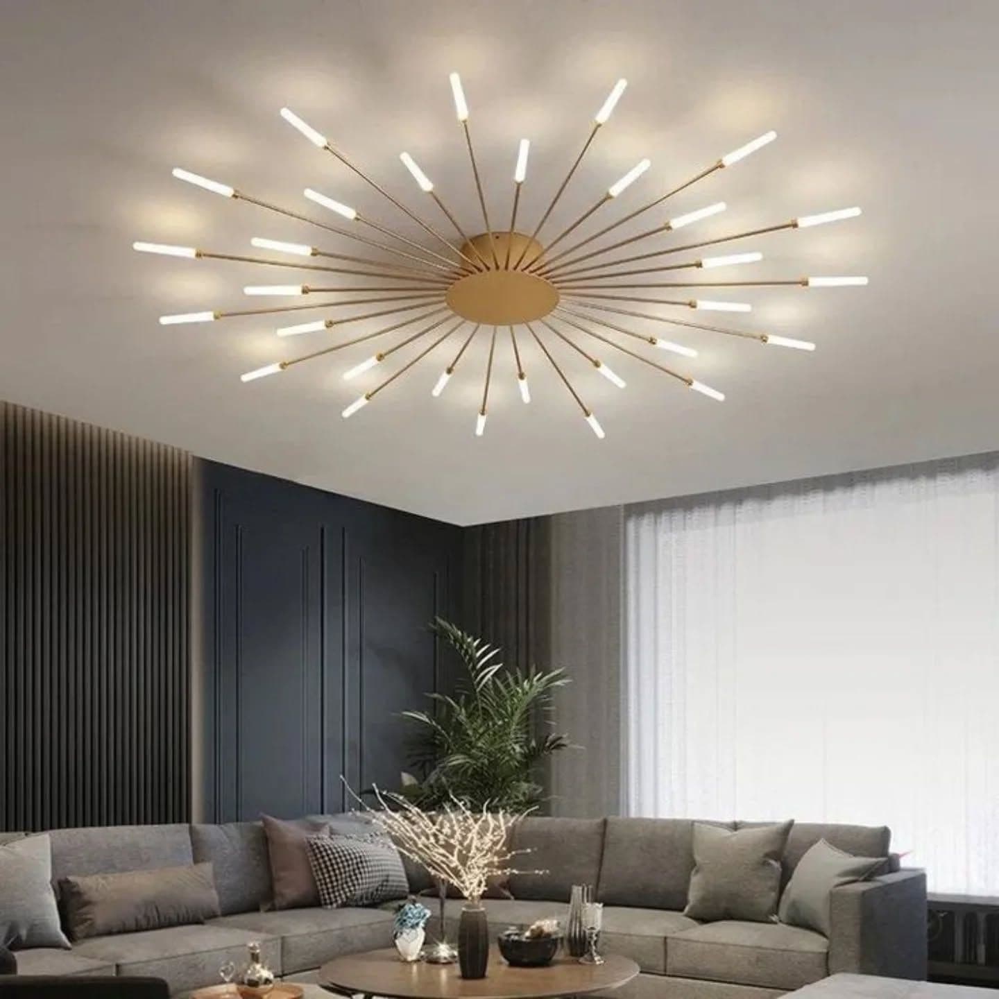 Modern Gold Starburst LED Chandelier - Oversized Brass & Glass