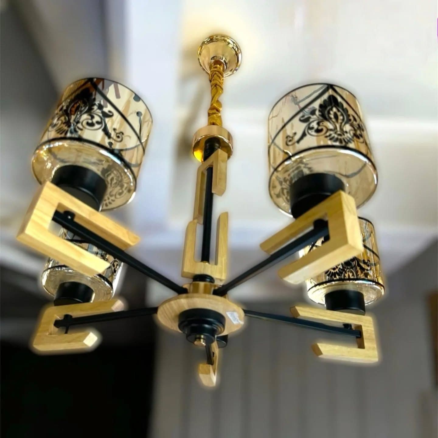 Modern 5-Arm Gold and Wood Flowered Chandelier with Fabric Shades