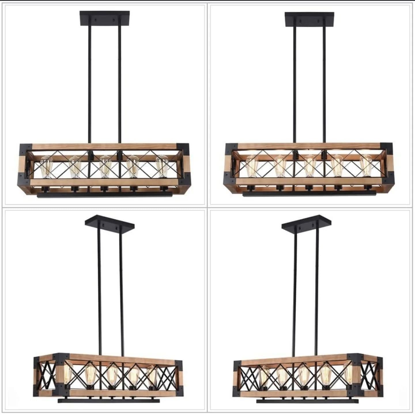 Industrial Wood and Metal Geometric Pendant Light - Wood Grain & Black