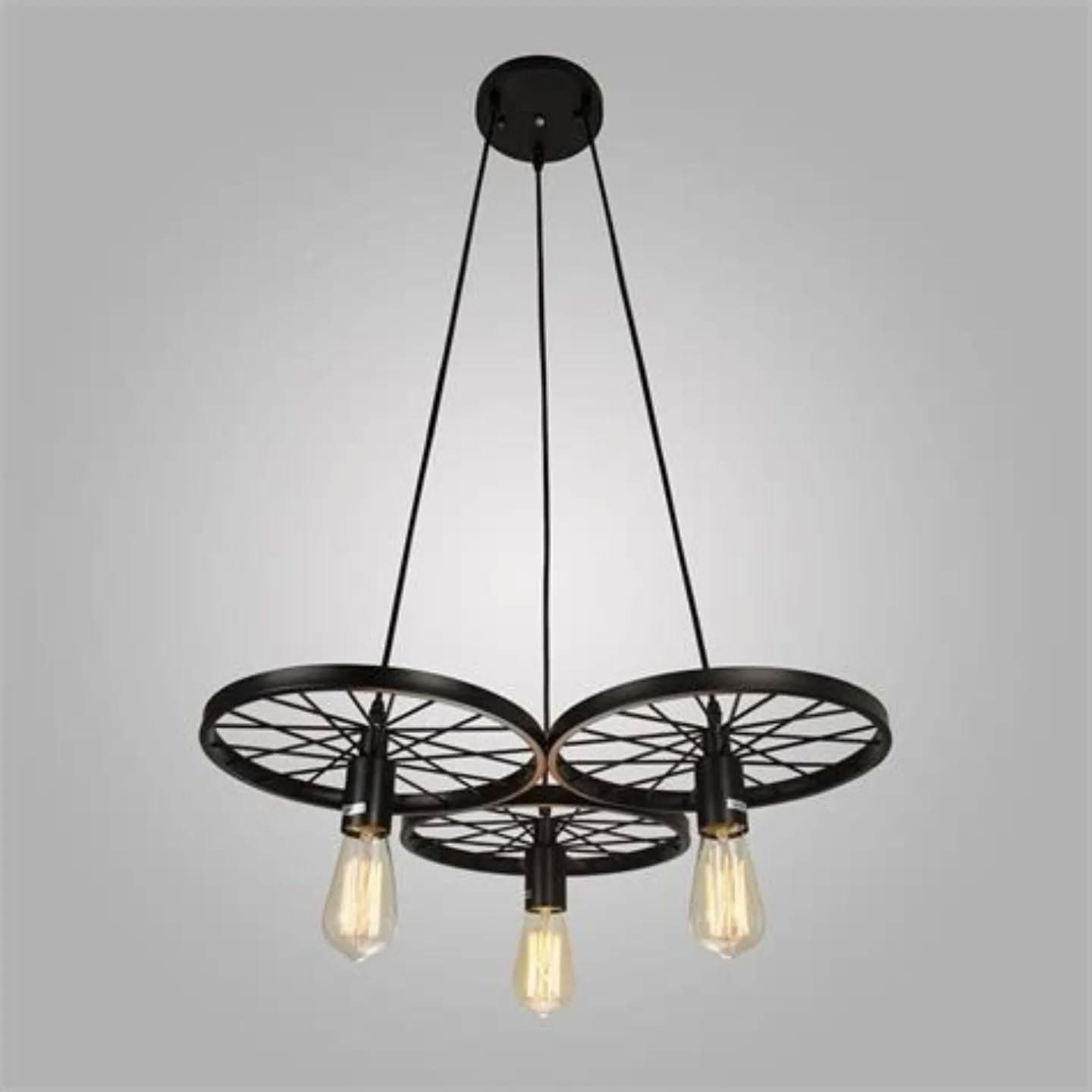 Industrial Black Metal Wheel Pendant Light - 3 Exposed Bulbs