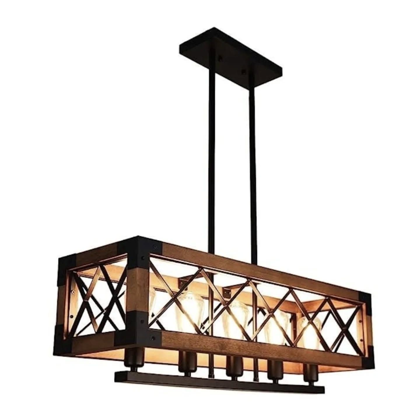 Industrial Wood and Metal Cage Chandelier in Brown and Black