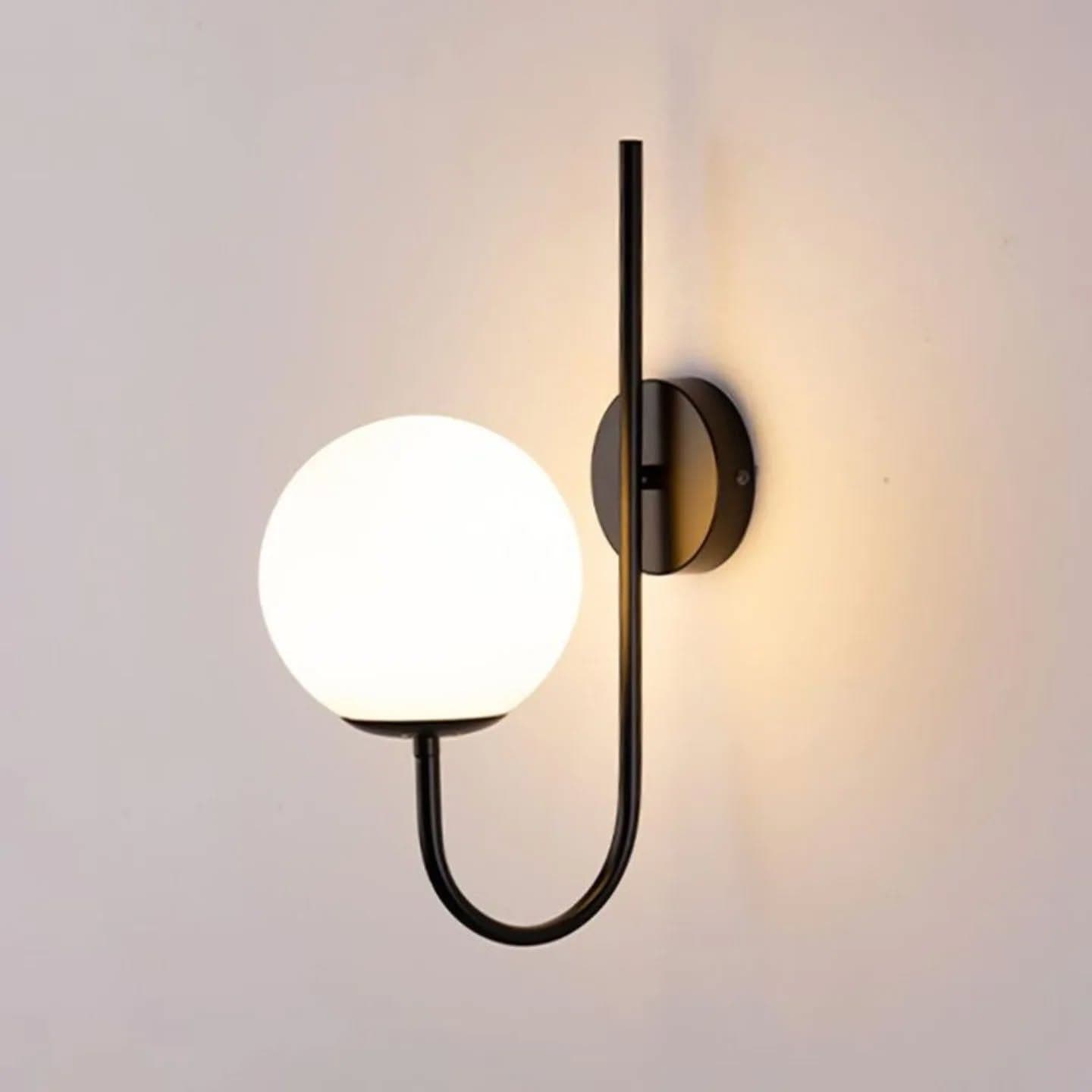 Modern Black Frosted Glass Wall Light with Curved Arm