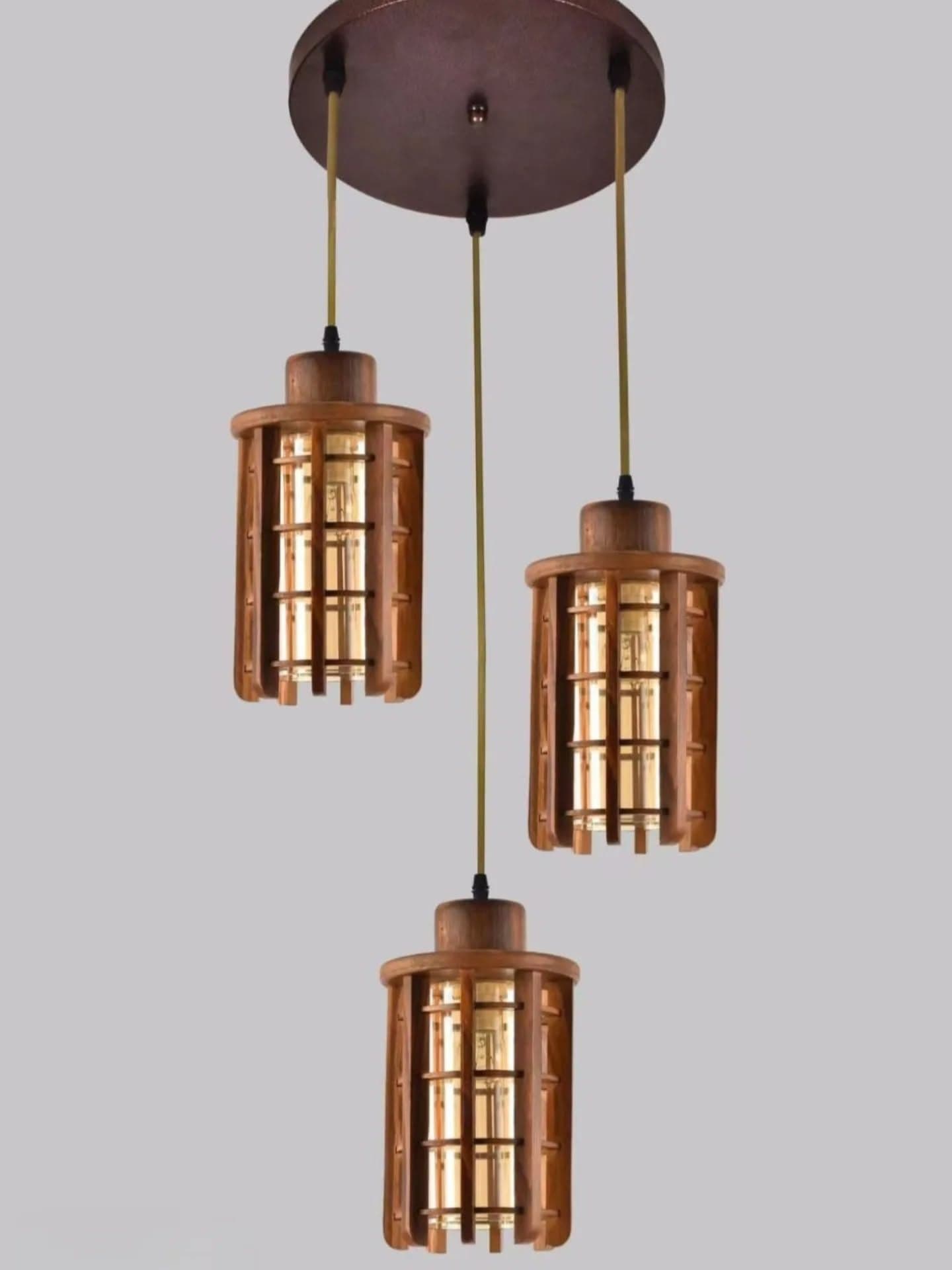 Industrial Wood and Metal 3-Light Pendant with Cage Design