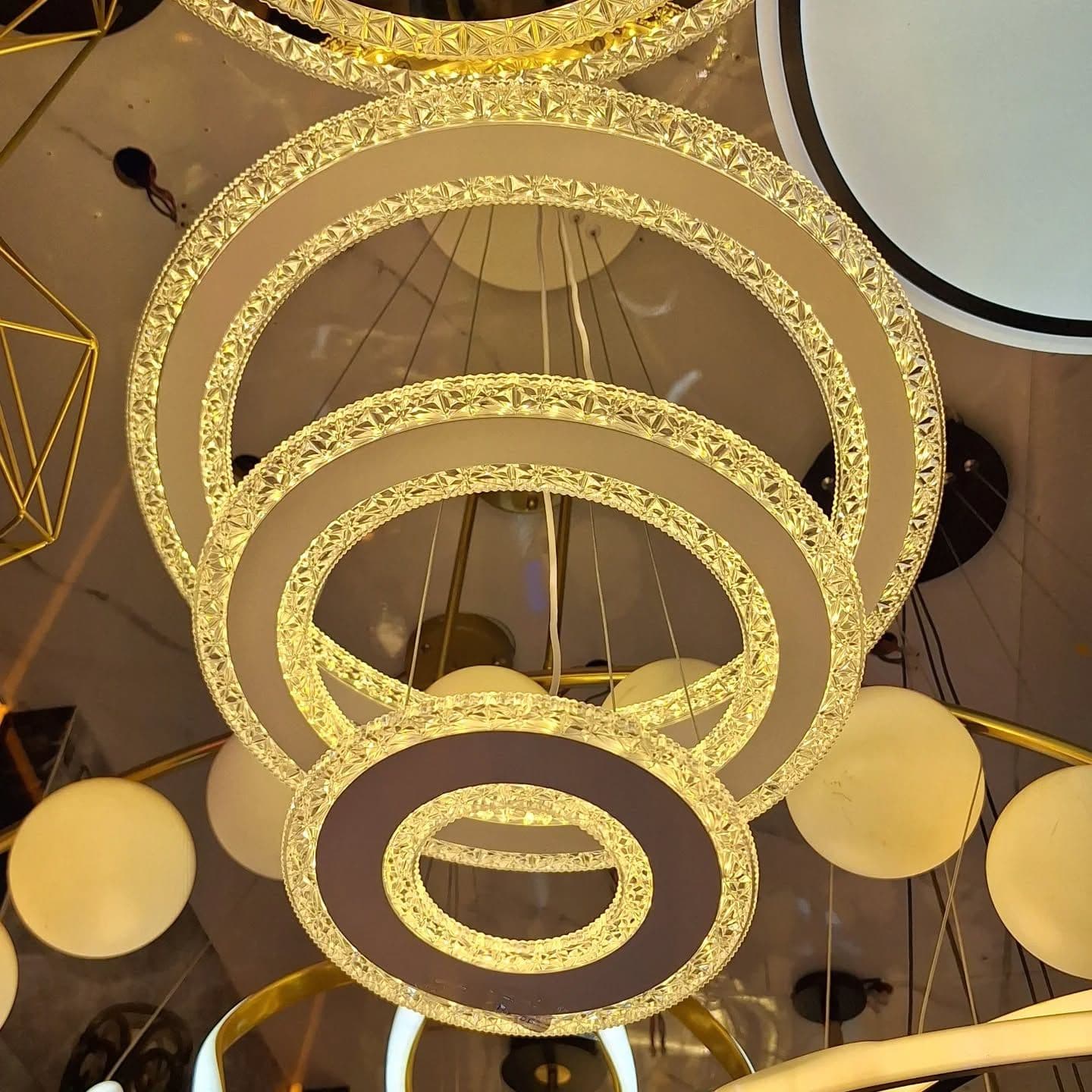 Modern 3-Ring Gold and Crystal LED Chandelier