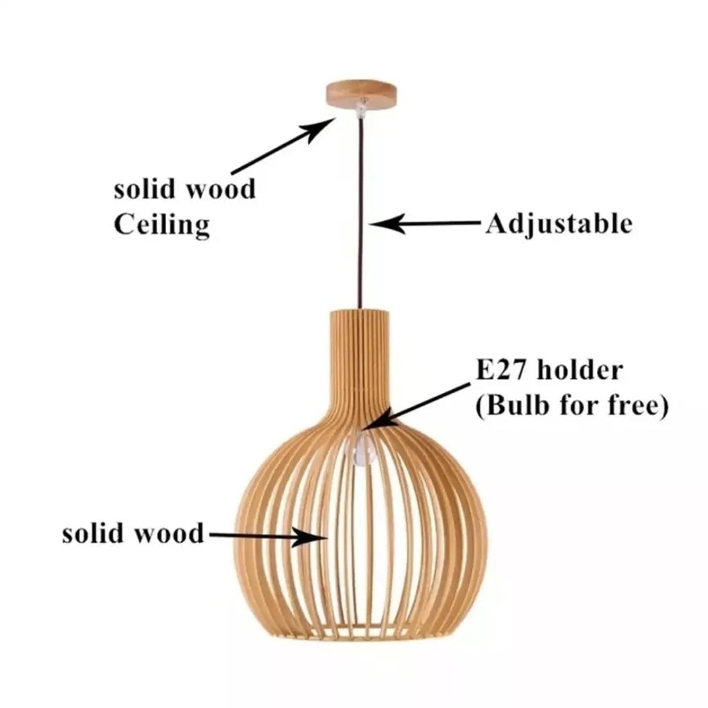 Modern Natural Wood Slatted Pendant Light with Adjustable Height