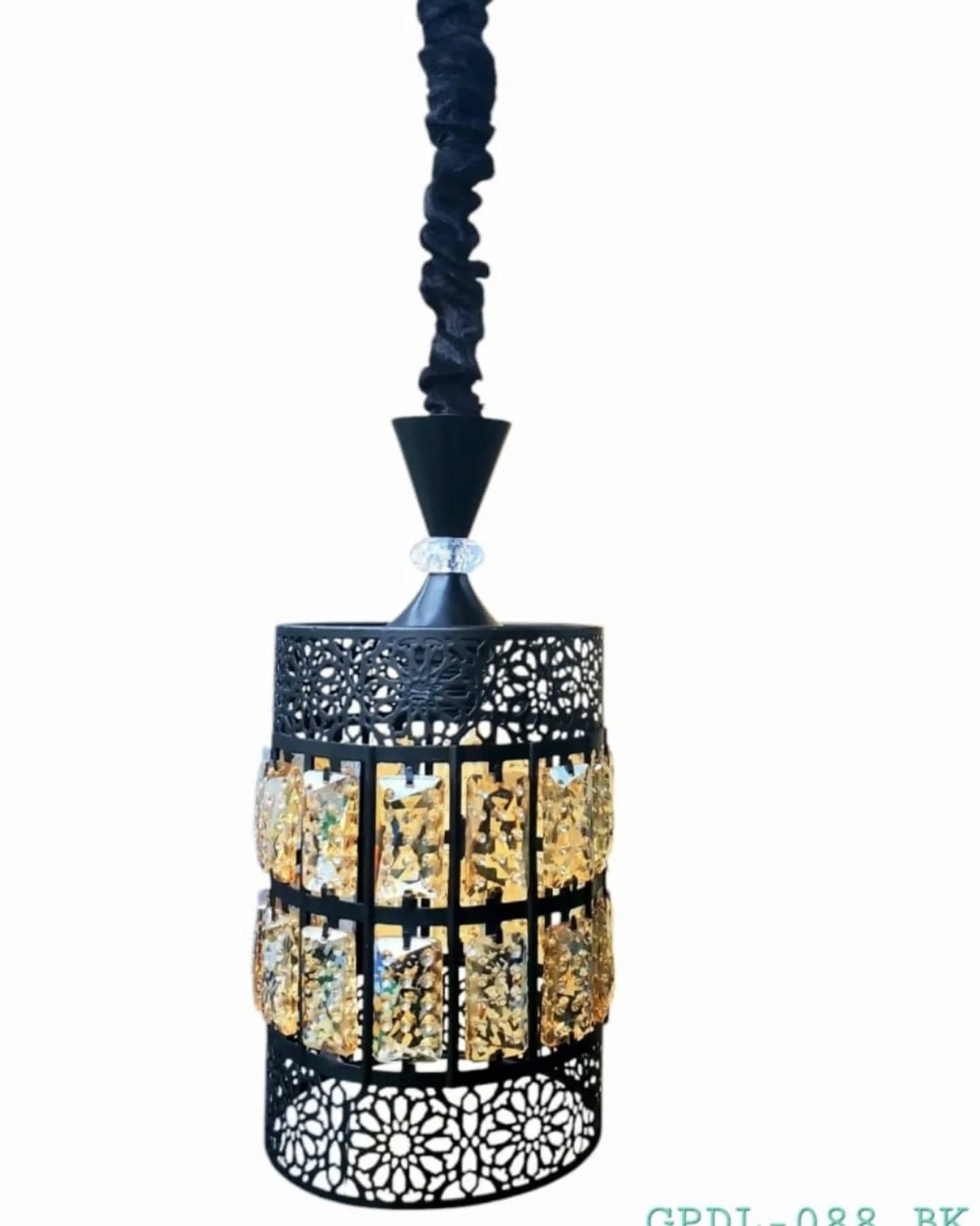 Ornate Black Metal and Crystal Pendant Light