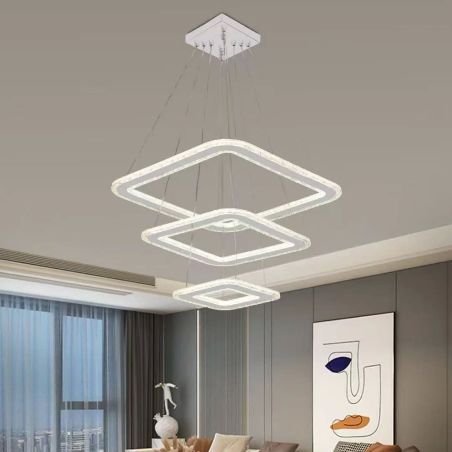 Modern White Square LED Chandelier with Crystal Accents